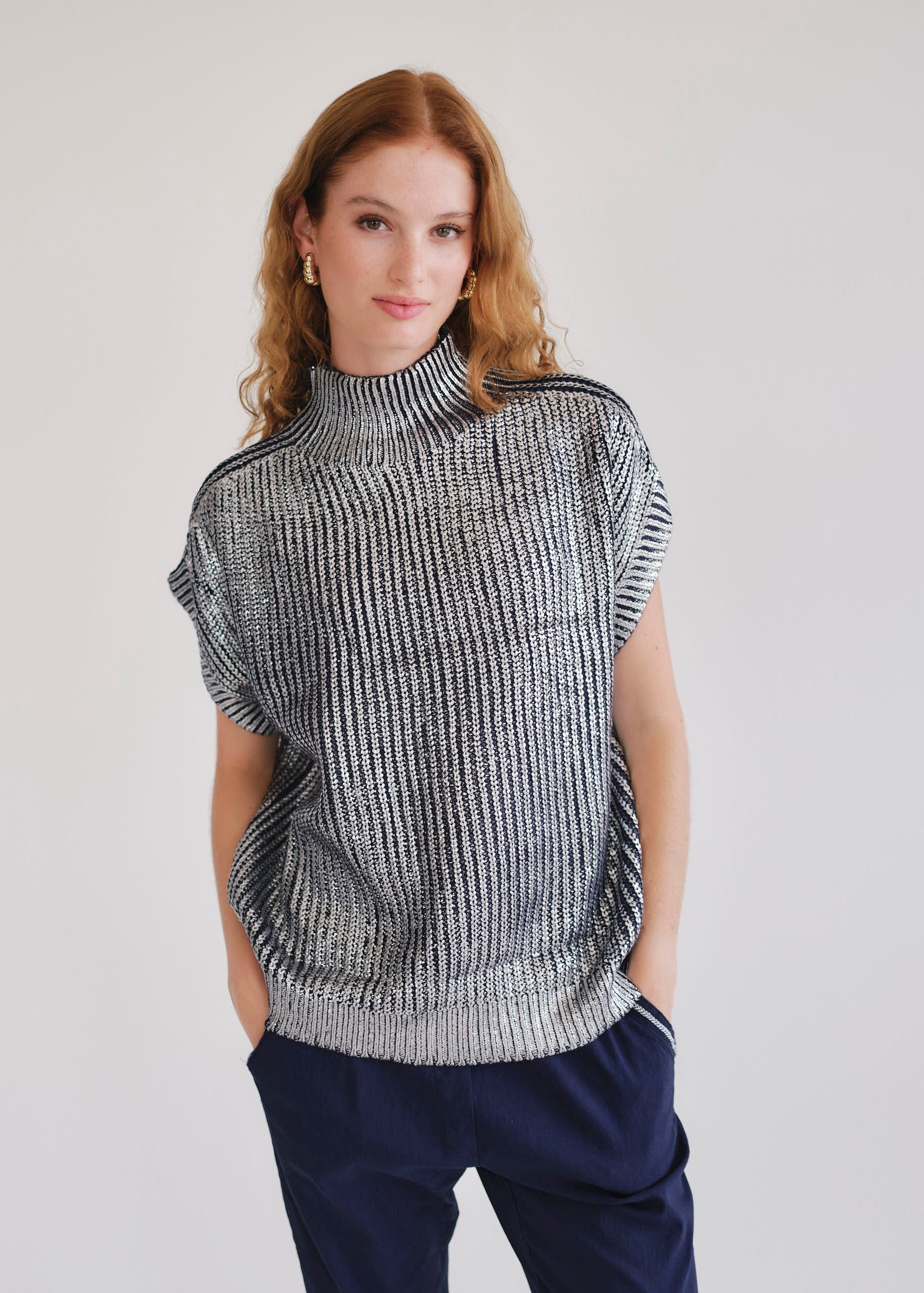 Saint Germain Italian Navy Foil Sleeveless Knit