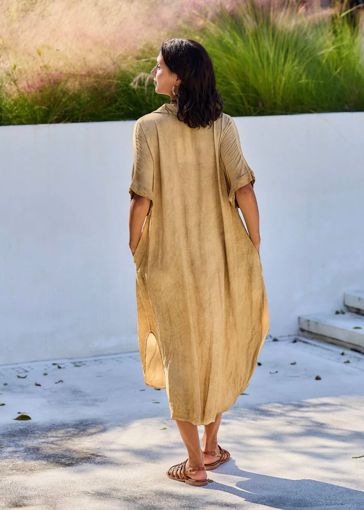 Linen Blend Bohemian Dress in Stonewashed Caramel