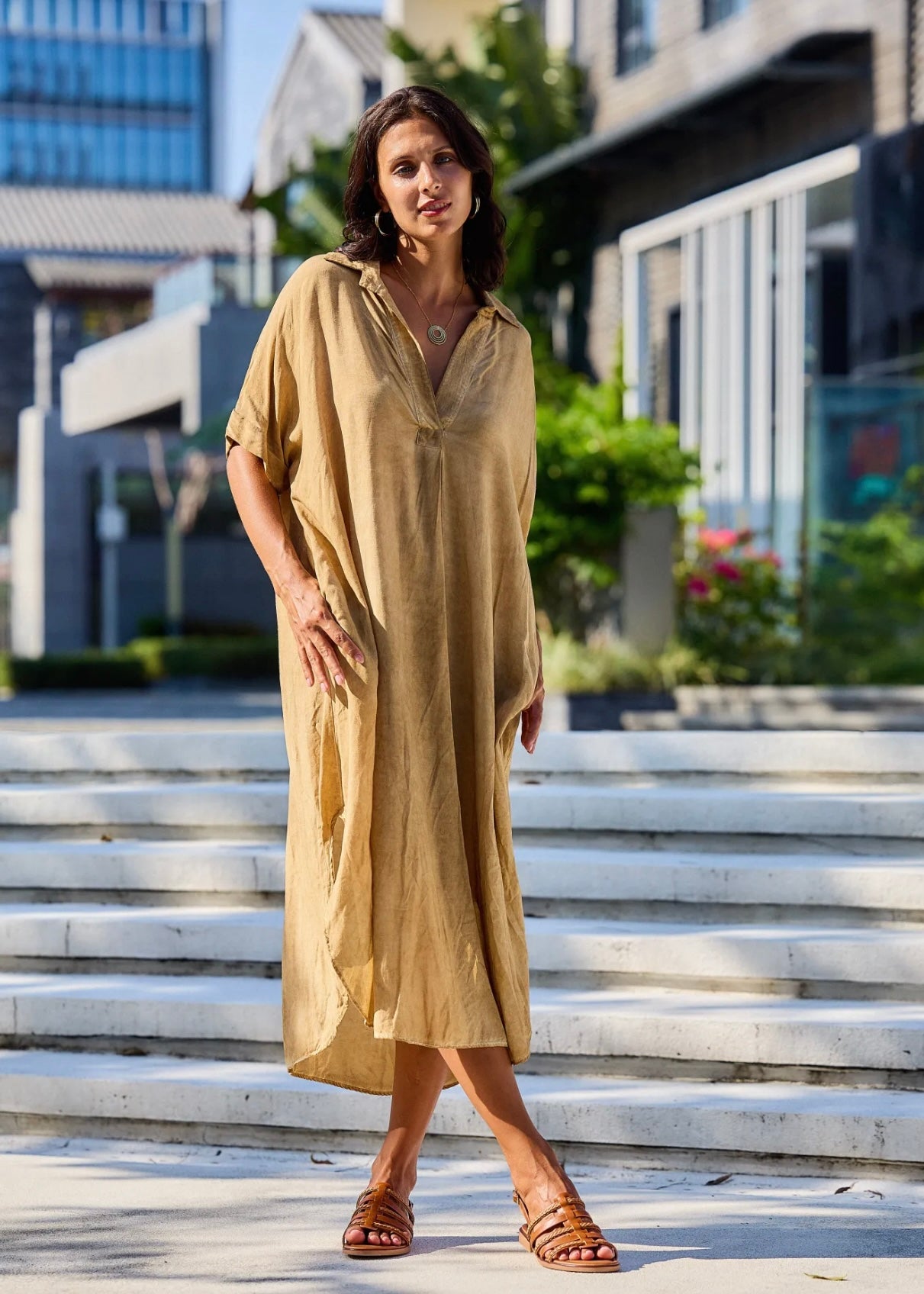 Linen Blend Bohemian Dress in Stonewashed Caramel