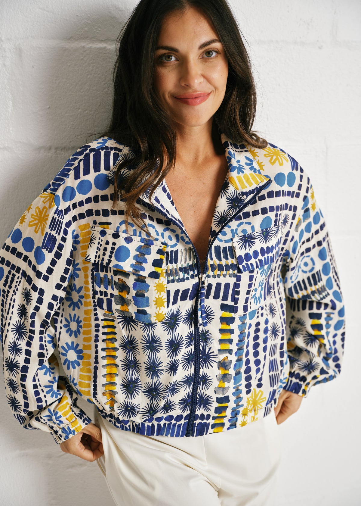 The Brushstroke Bomber Jacket With Abstract Print In Cream