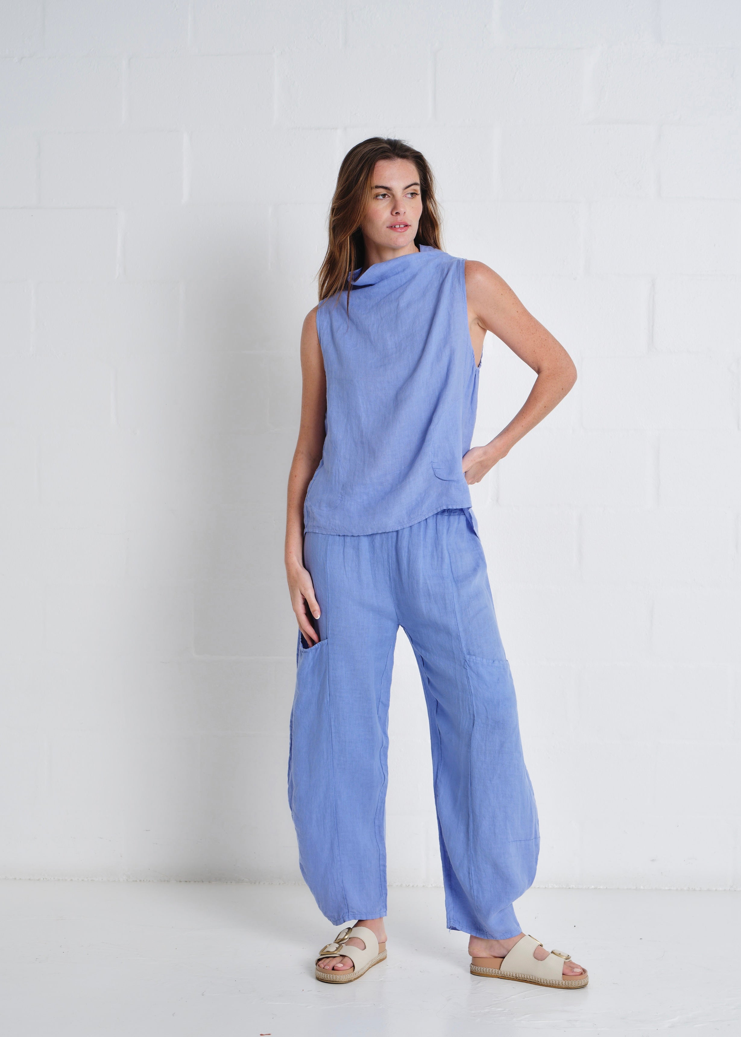 Antibes Italian Linen Barrel Pants in Blue