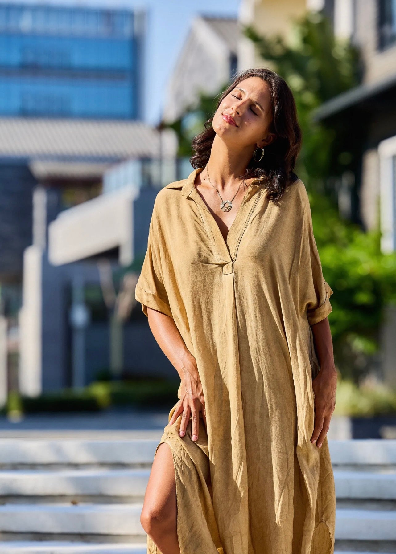 Linen Blend Bohemian Dress in Stonewashed Caramel