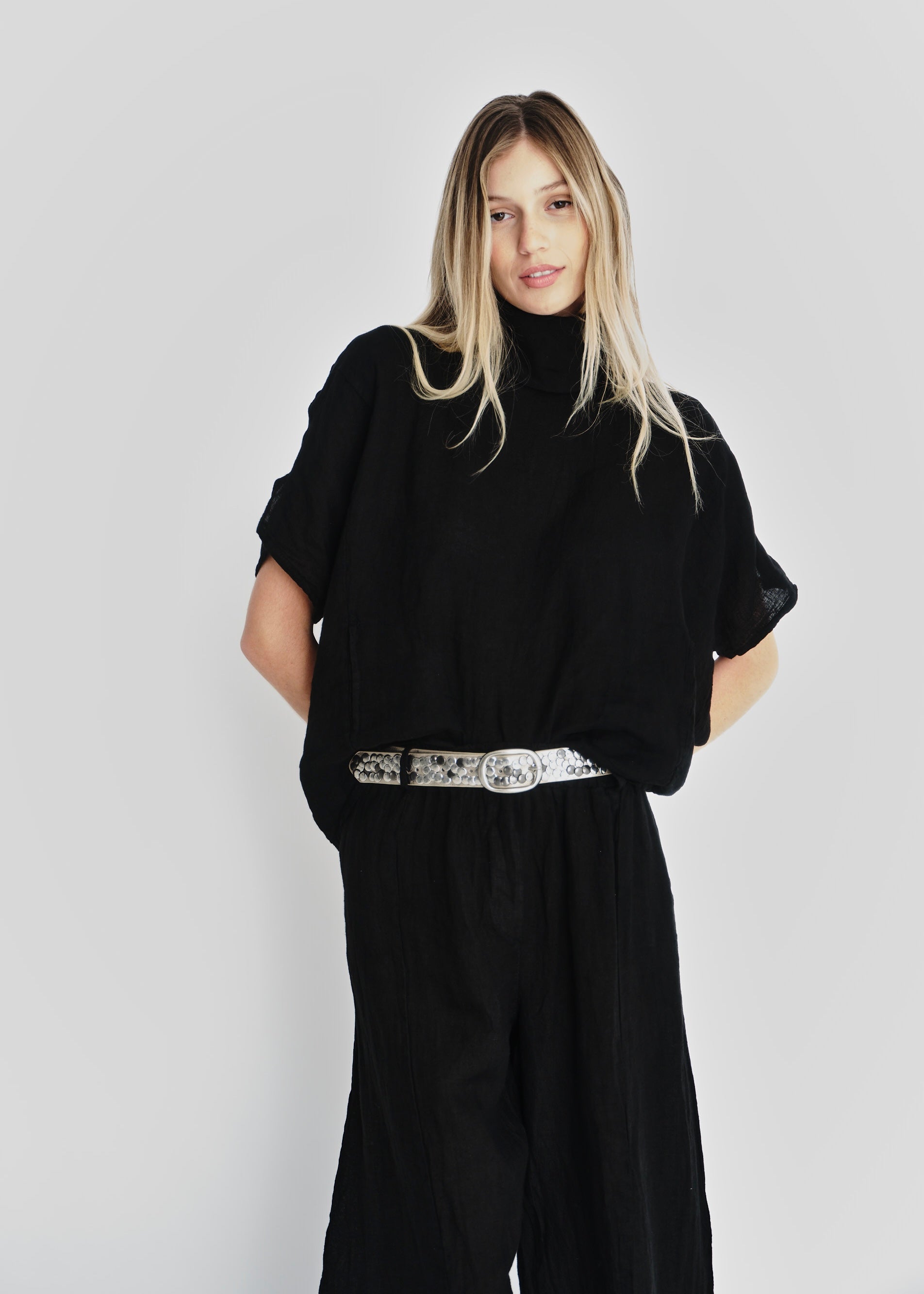 Genuine Leather Studded Belt In Beige