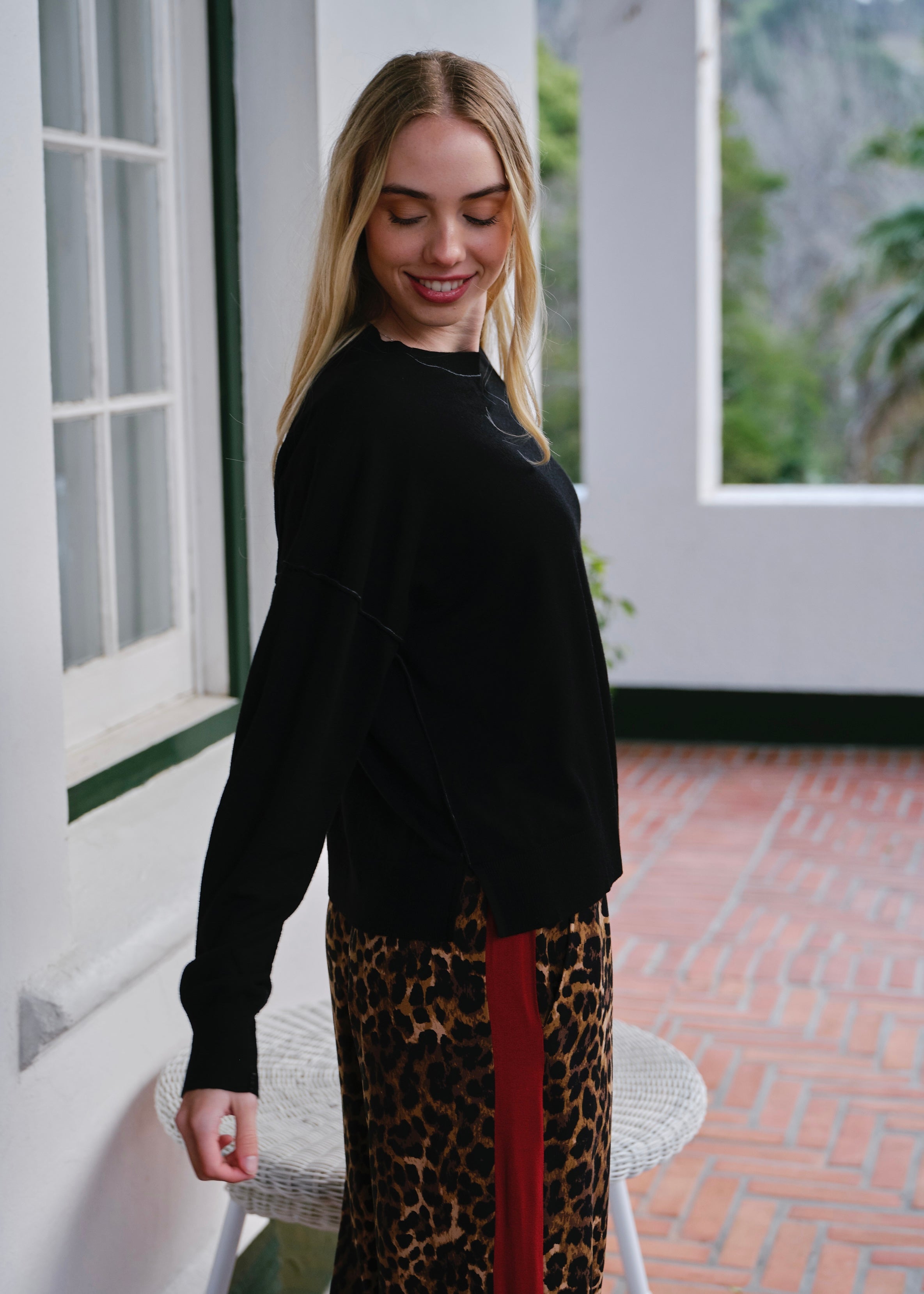 Irvine Wool Blend Contrast Stitch Knit in Black