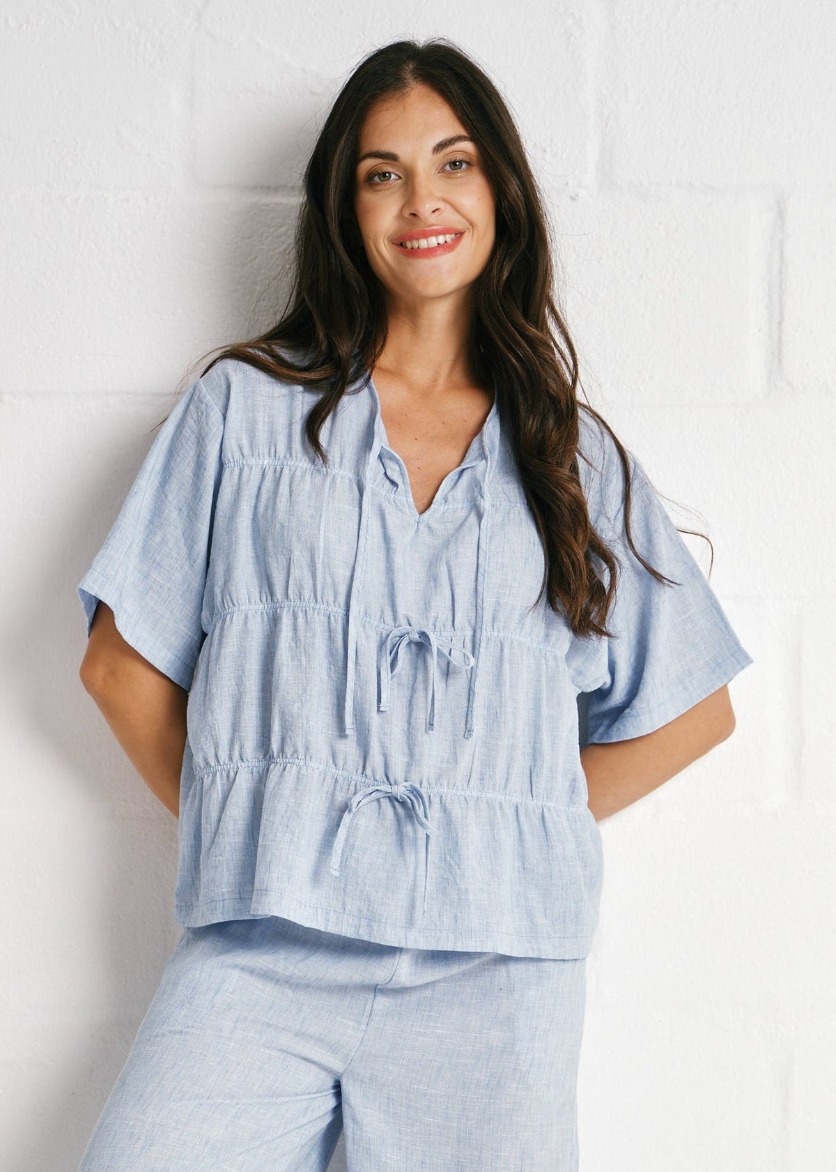 Tiered Tie-Front Linen Blend Top In Baby Blue