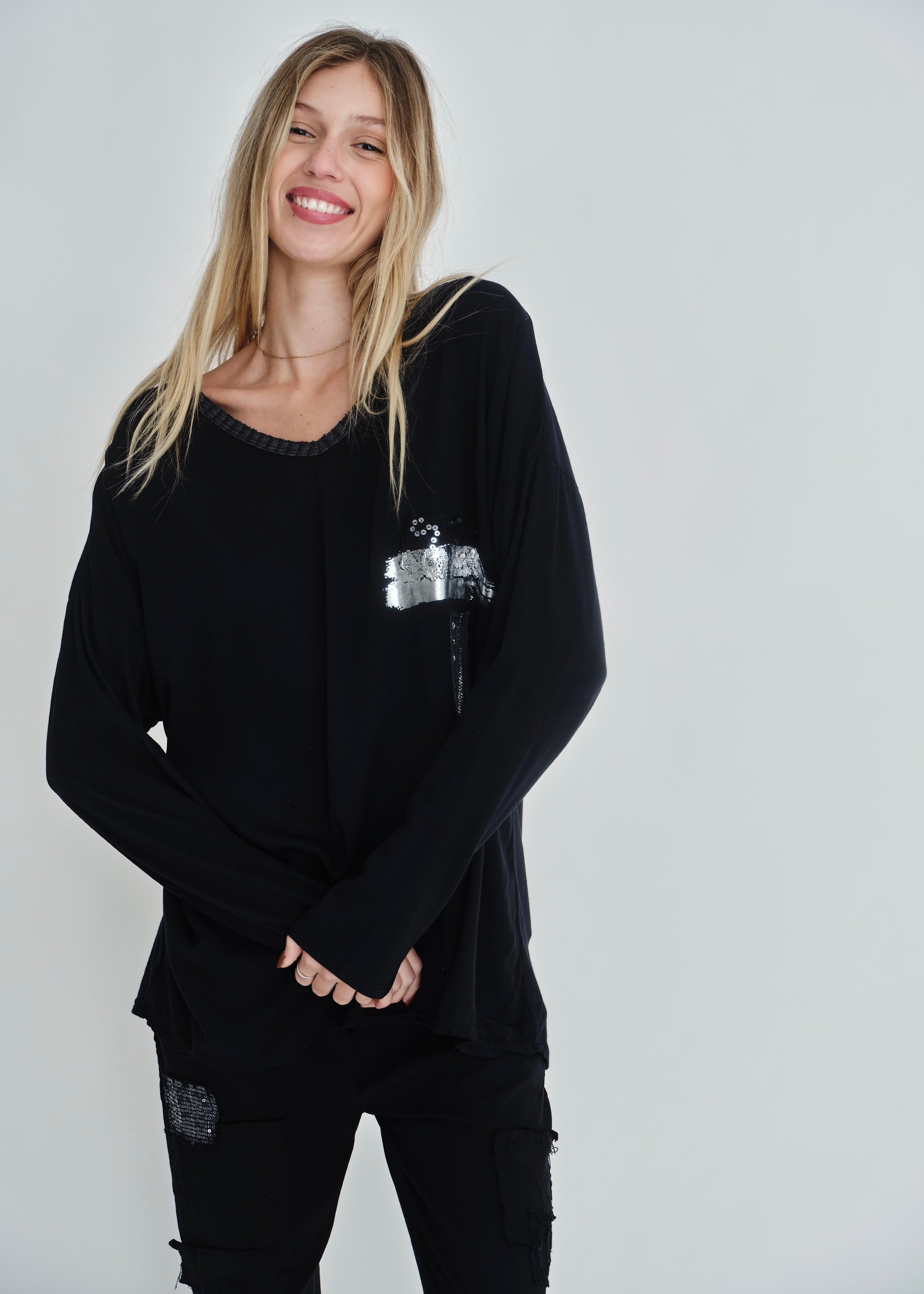 Silver-Sequin V-neck In Black