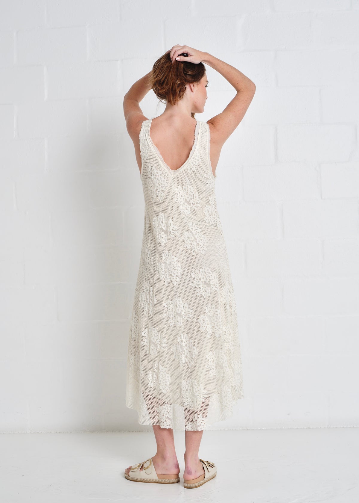 Antigua Crochet Maxi V neck Dress In Cream