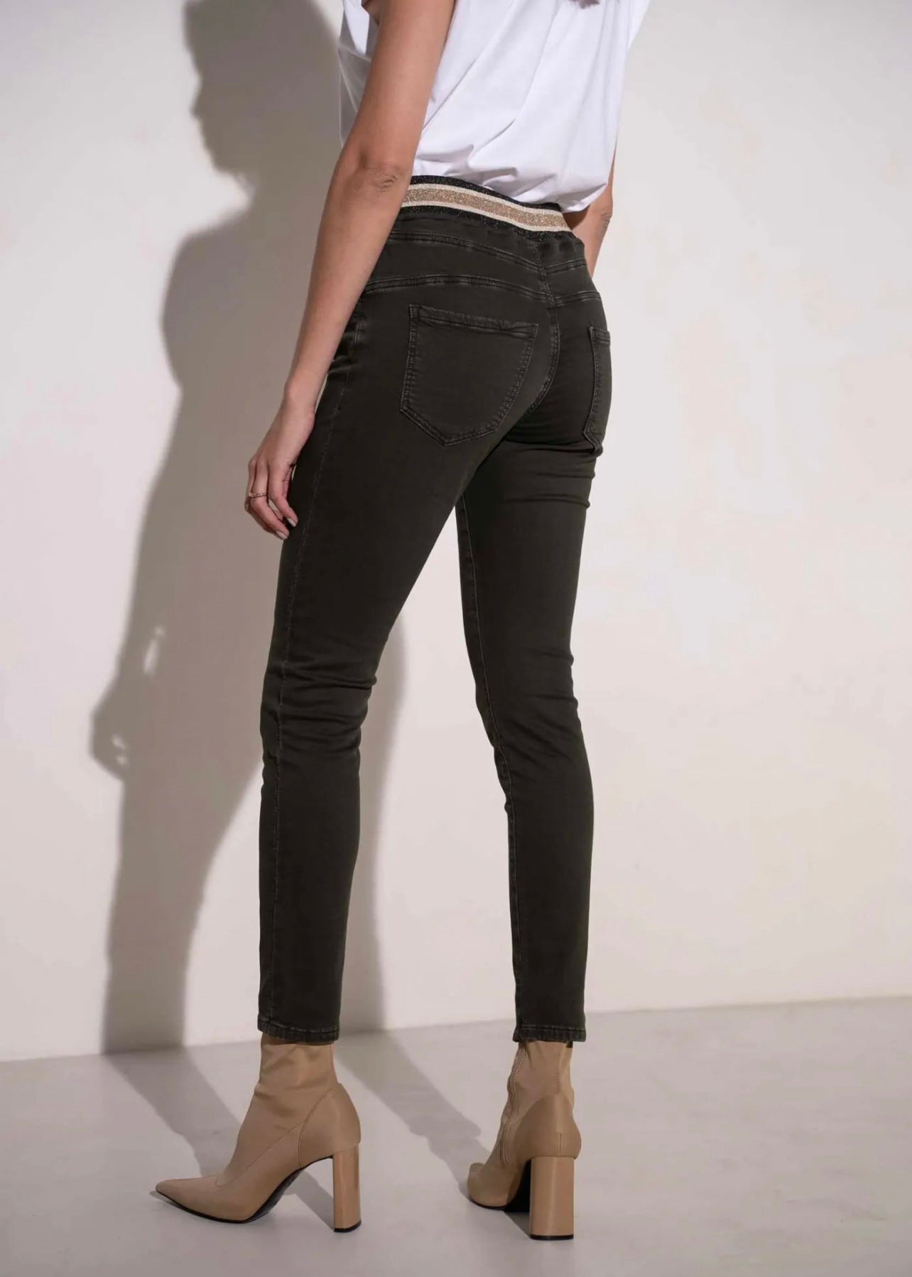 Mid-Rise Cotton Jogger Jeans in Khaki with Gold Waist Band