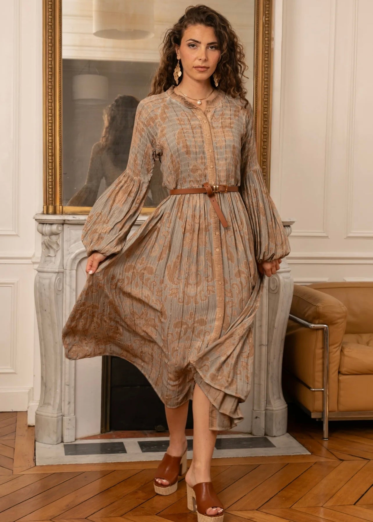 Athena Midi Bohemian Dress with Gold Lurex Thread inSoft Rust and Grey Print