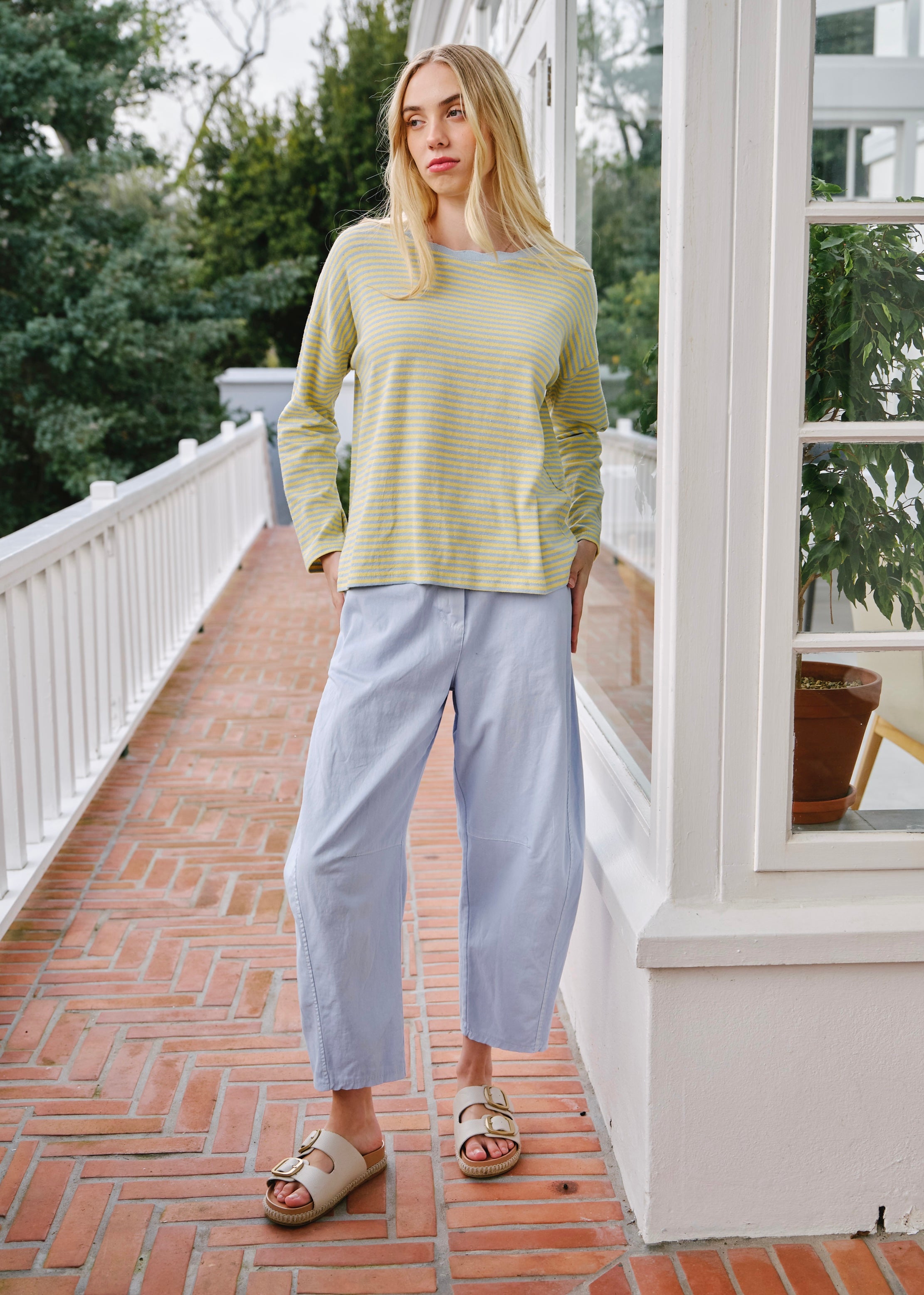 Bologna Italian Crew Neck Long Sleeved Striped Cotton Tee In Yellow And Blue