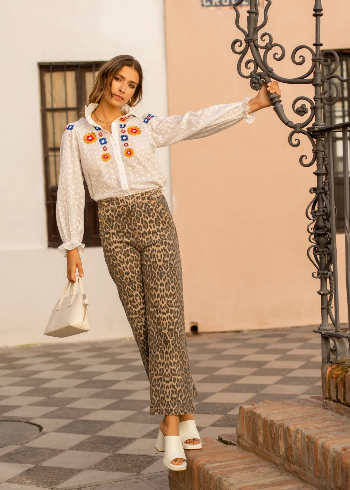 High-Waisted Wide Leg Relaxed Fit Jeans with Gold Front Buttons in Animal Print