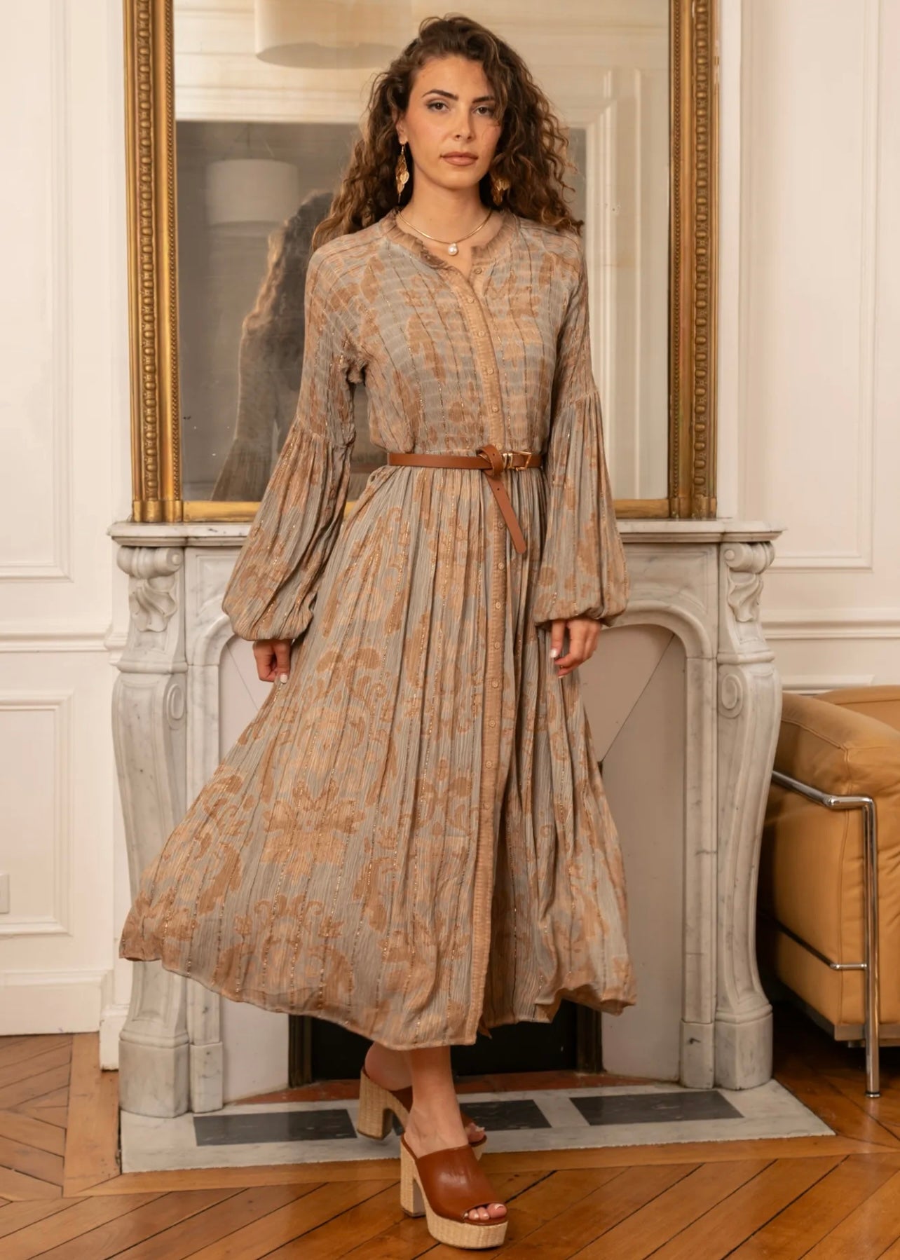 Athena Midi Bohemian Dress with Gold Lurex Thread inSoft Rust and Grey Print
