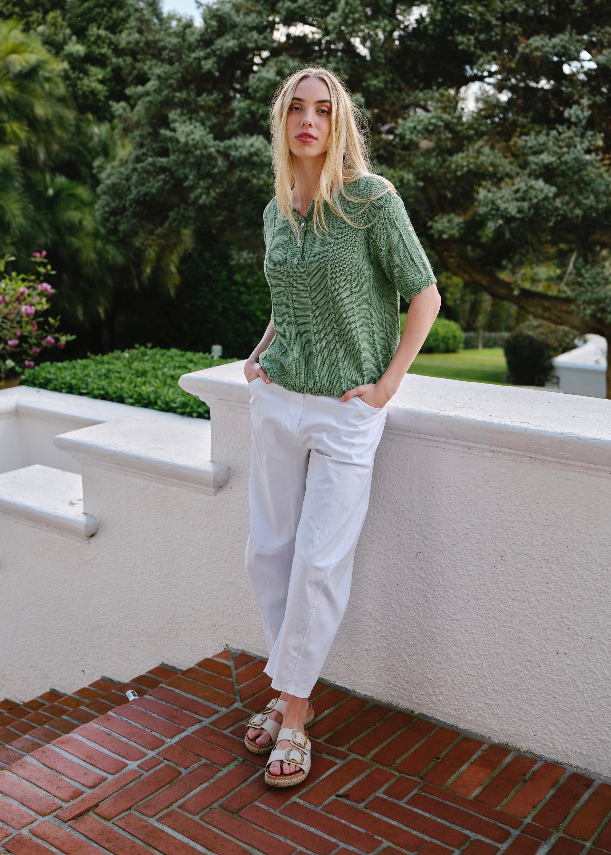 Mila Italian Loose Weave Knit Cotton Tee In Green