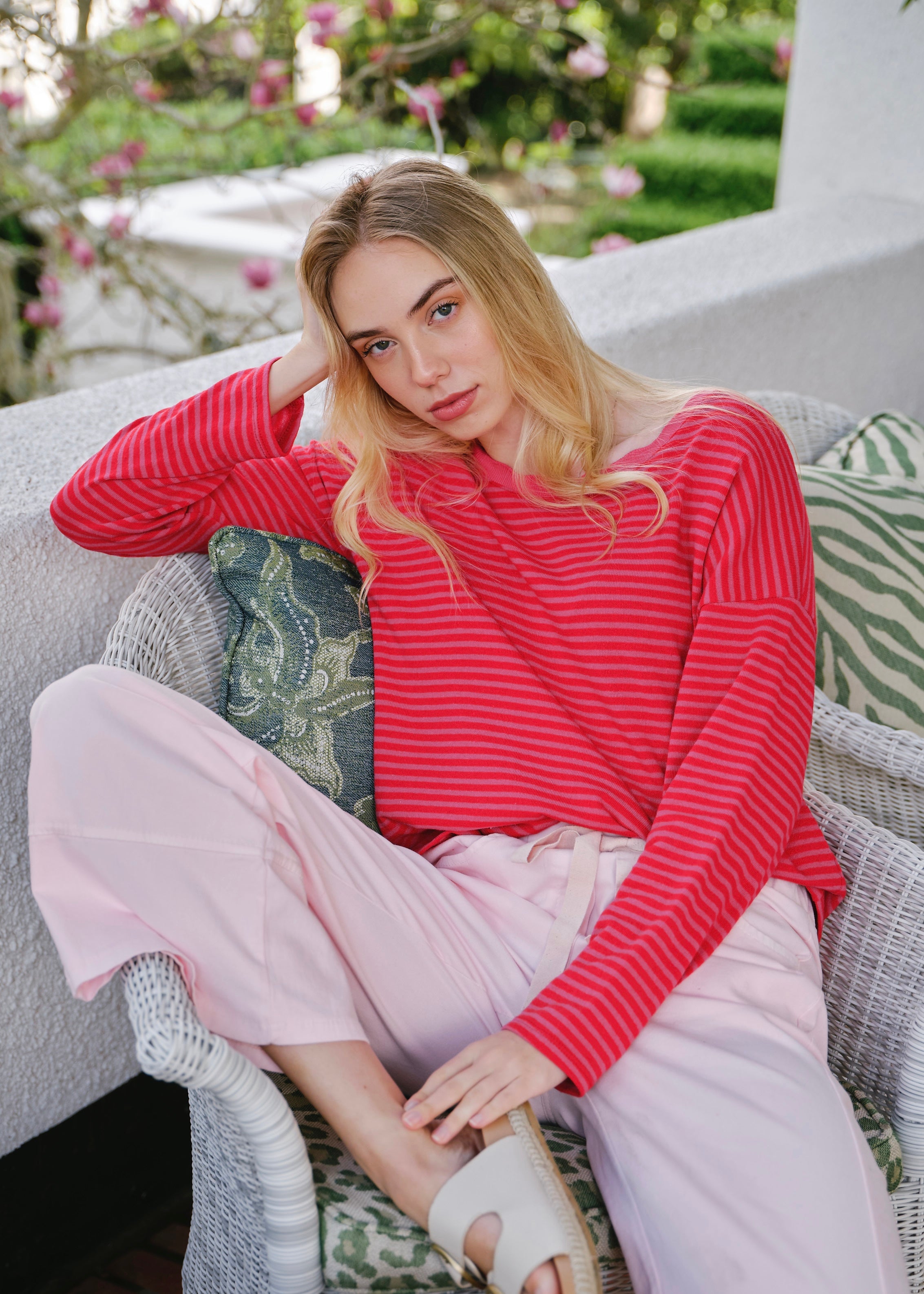 Bologna Italian Crew Neck Long Sleeved Striped Cotton Tee In Red