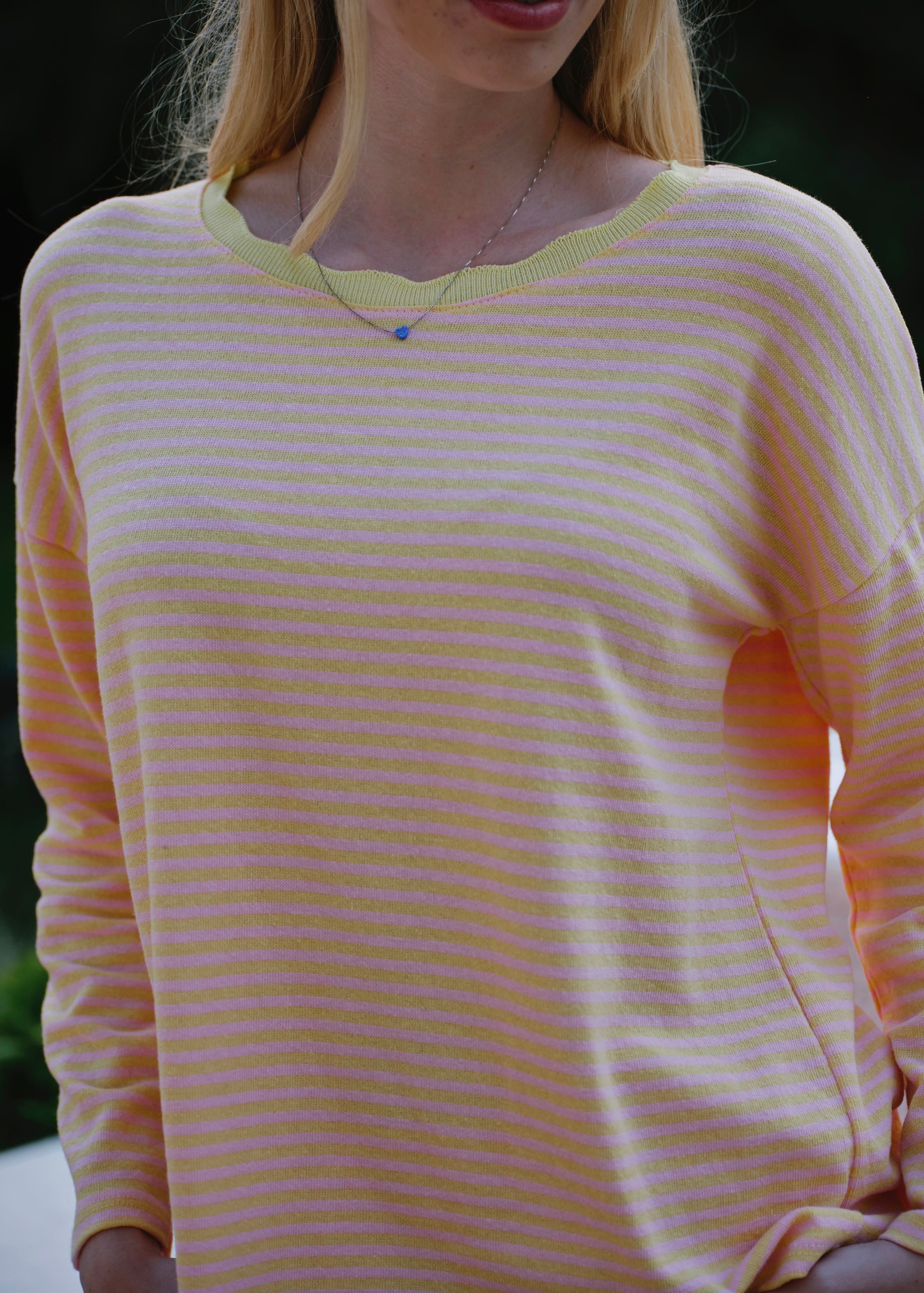 Bologna Italian Crew Neck Long Sleeved Striped Cotton Tee In Yellow And Pink