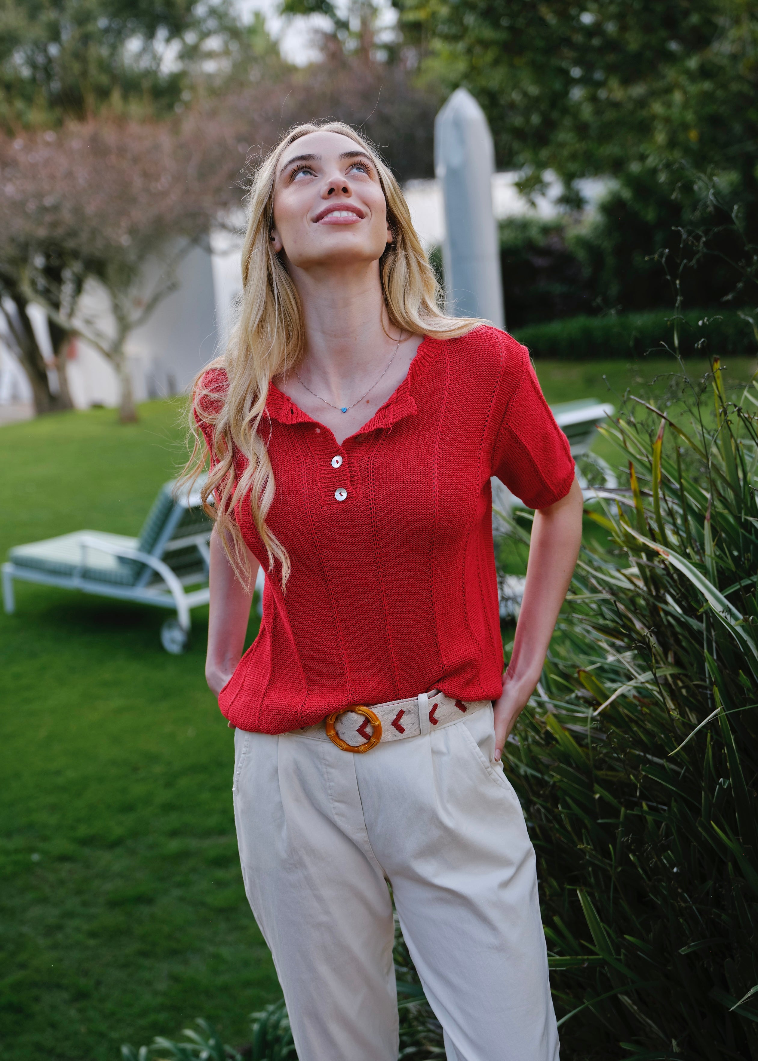 Mila Italian Loose Weave Knit Cotton Tee In Red