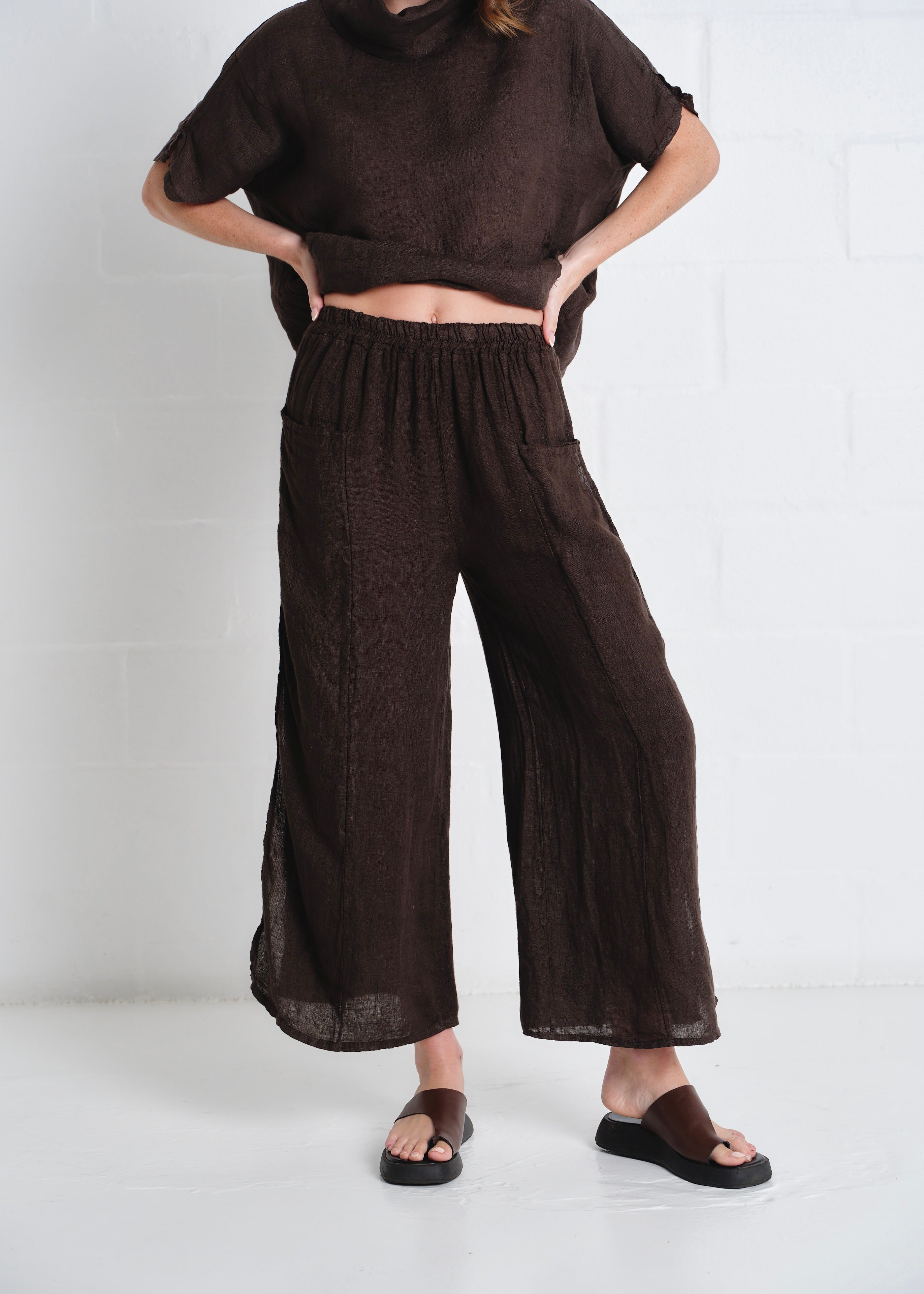 Portofino Side Slit Palazzo Pants In Chocolate
