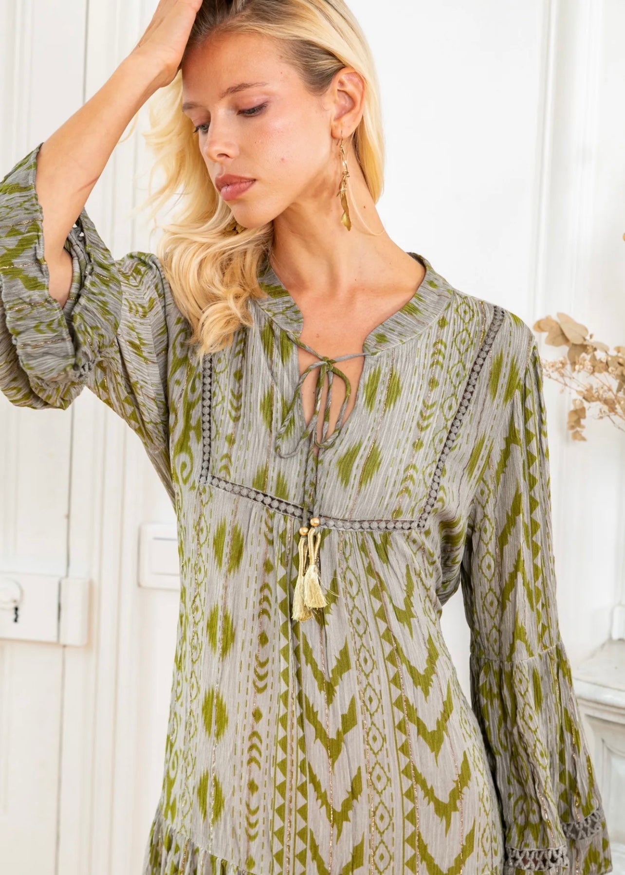 Phoebe Short Bohemian Dress with Tassels in Dark Green