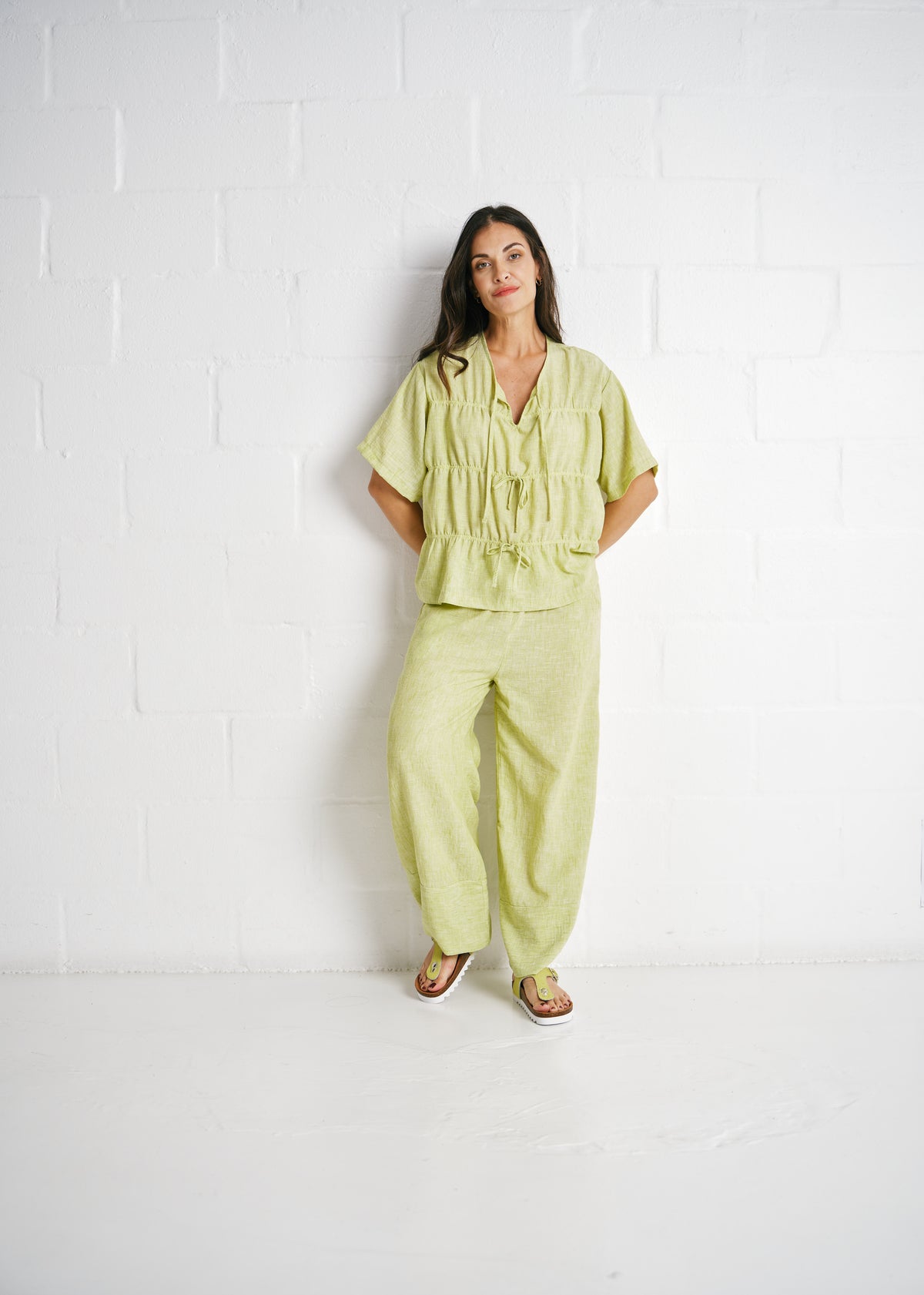 Tiered Tie-Front Linen Blend Top In Pistachio