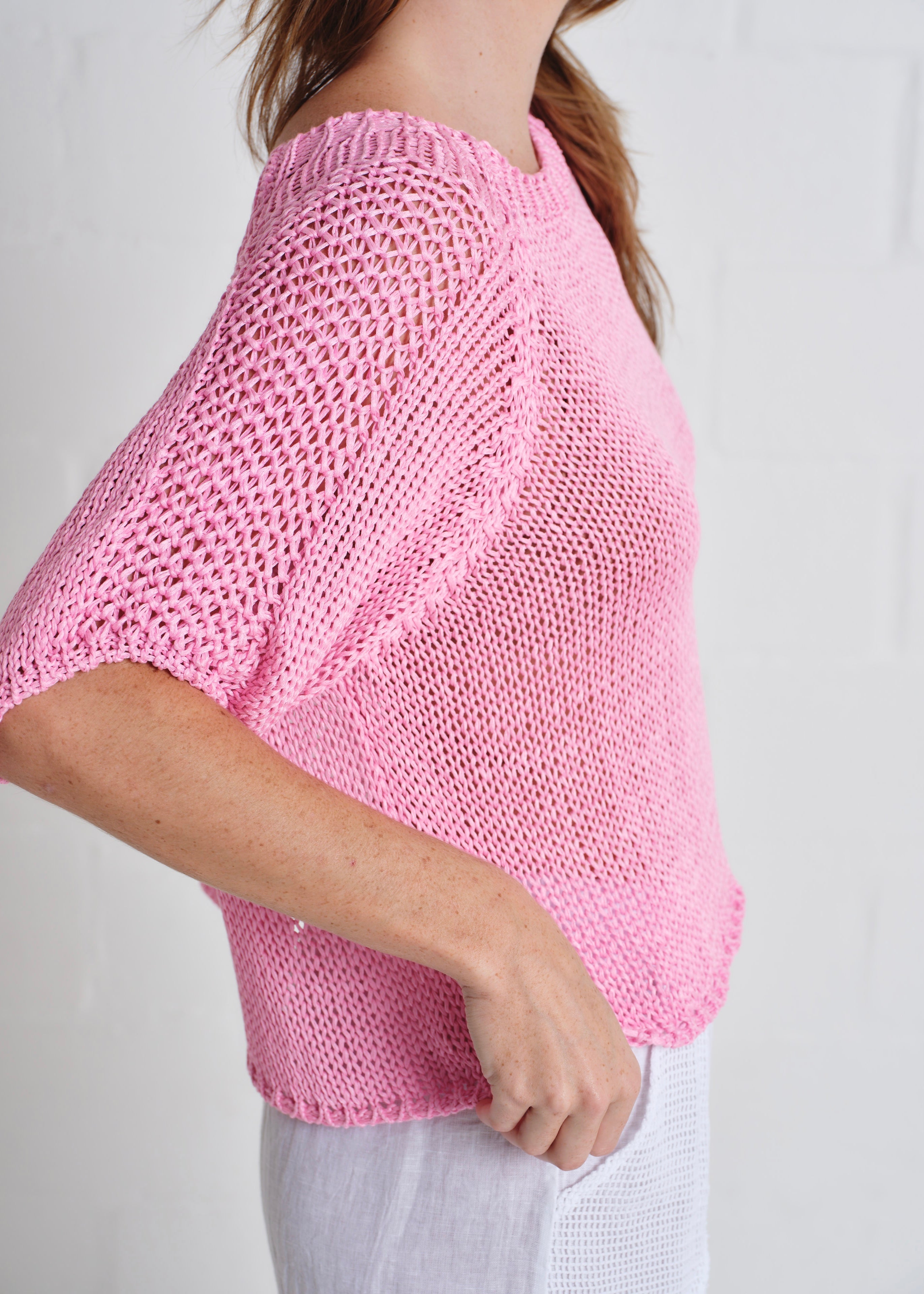 Sayulita Boatneck Crochet Top In Baby Pink