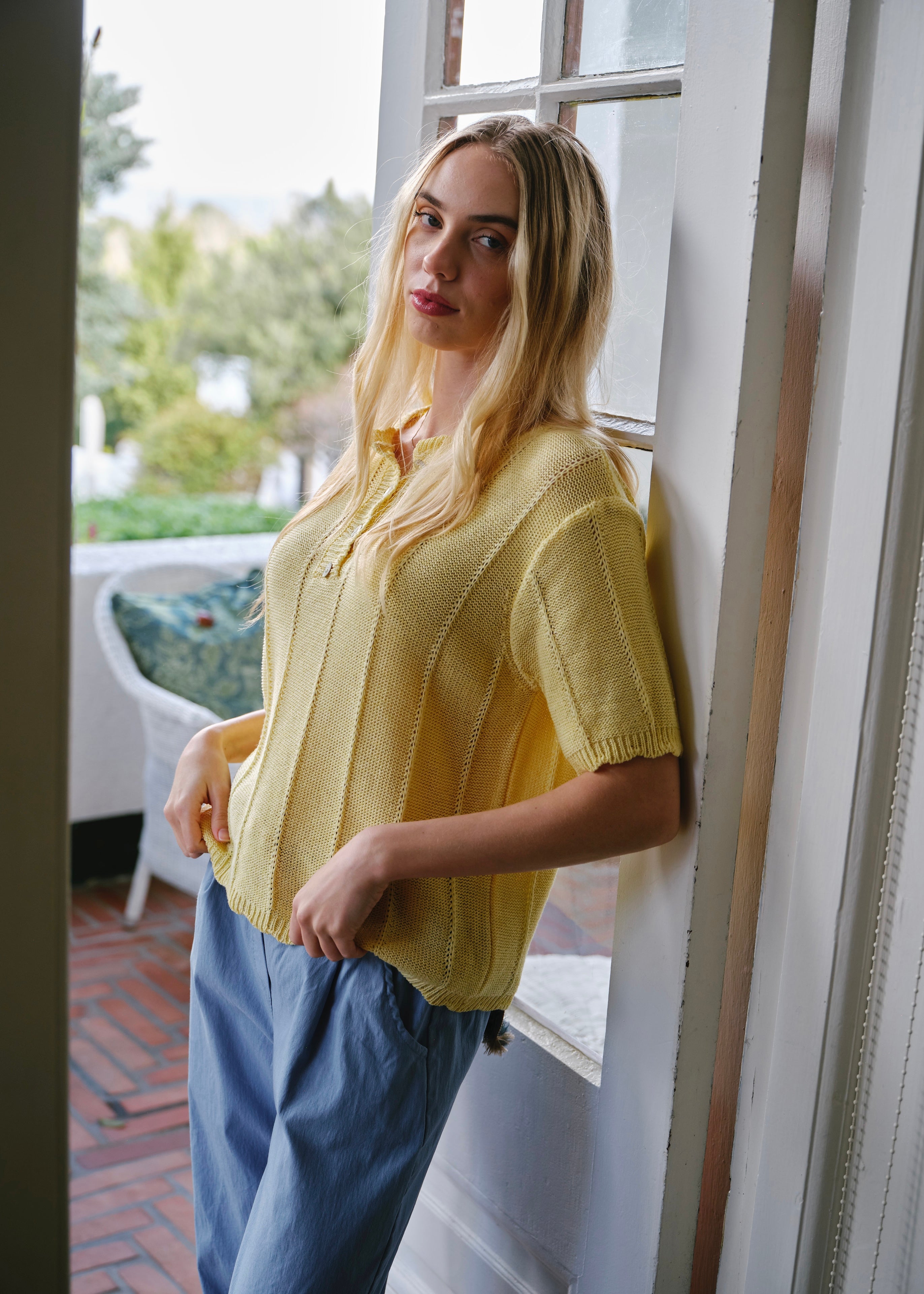 Mila Italian Loose Weave Knit Cotton Tee In Yellow