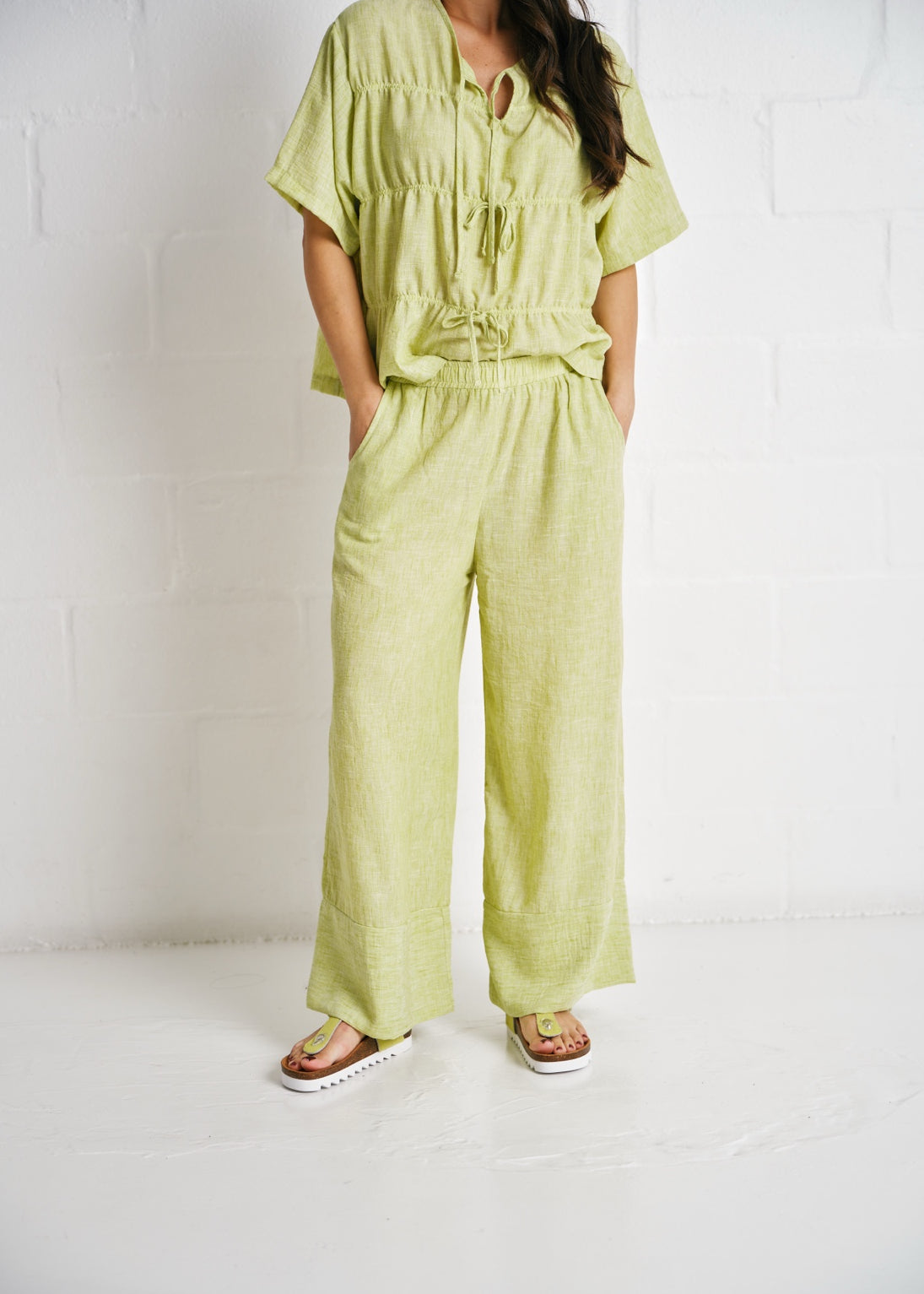 Tiered Tie-Front Linen Blend Top In Pistachio