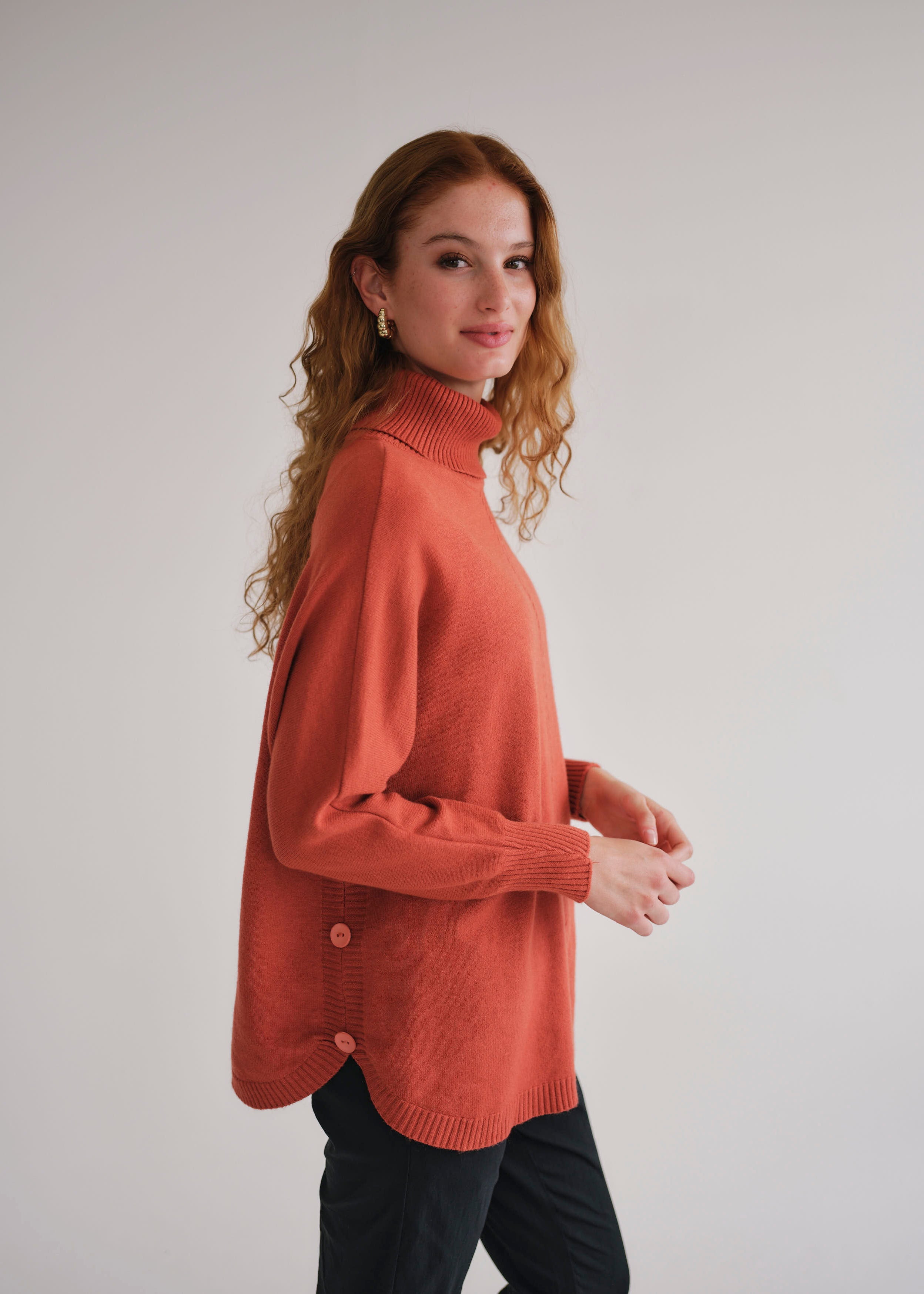 Audrey Knitted Italian Viscose Tunic with Side Buttons in Rust