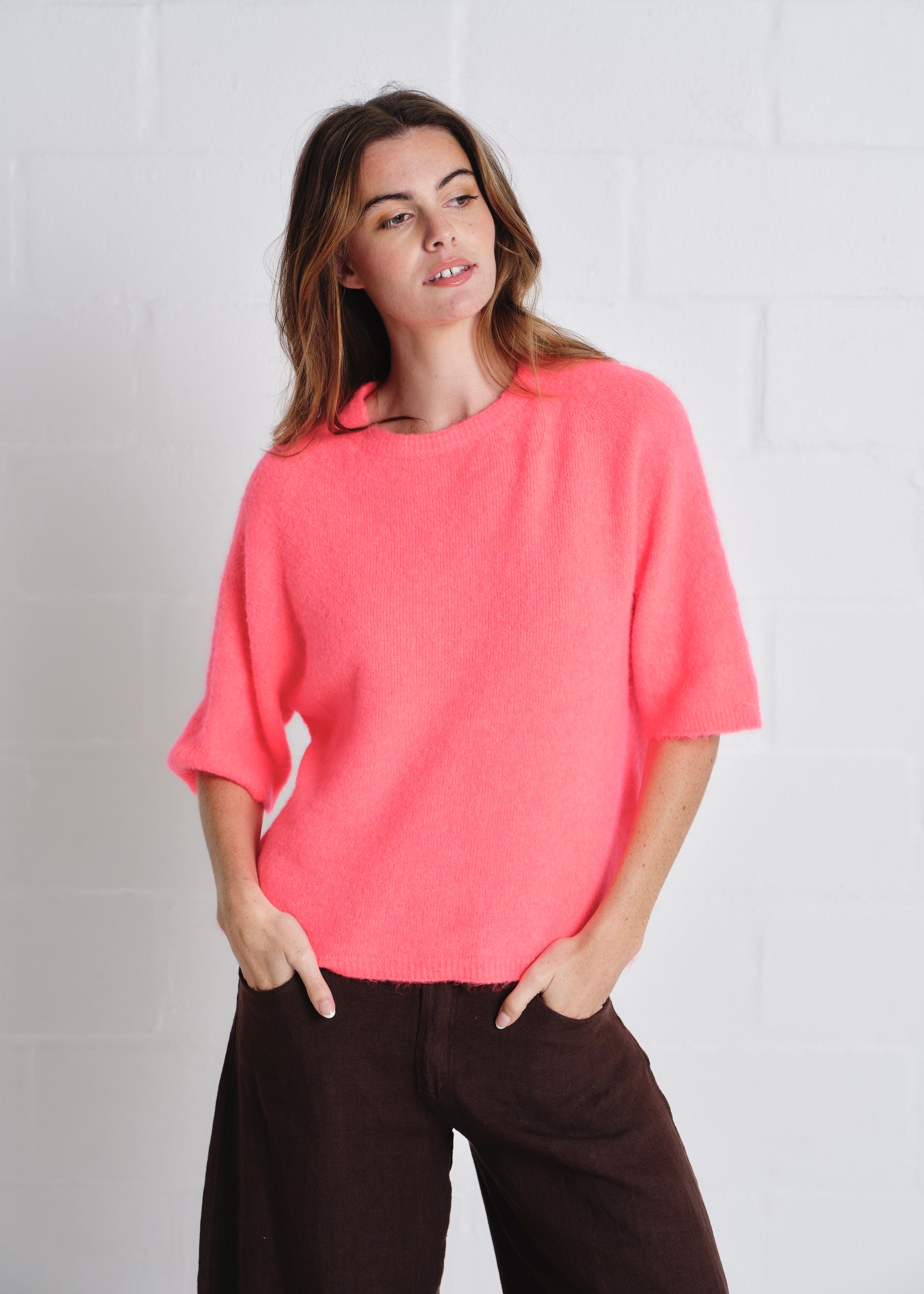Chamonix SS Round Neck Alpaca Knit In Coral