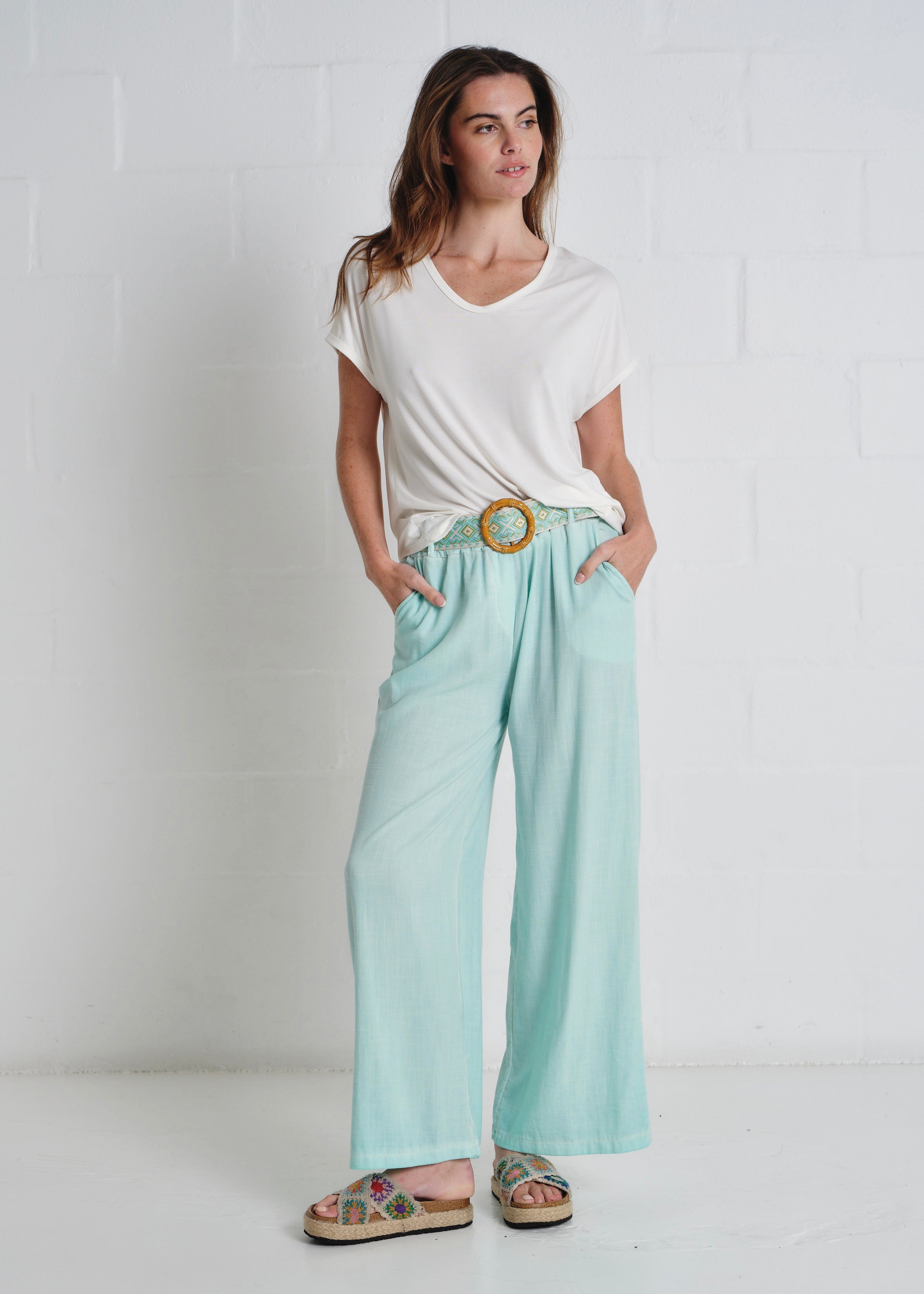 Camogli Palazzo Linen Blend Pants In Turquoise