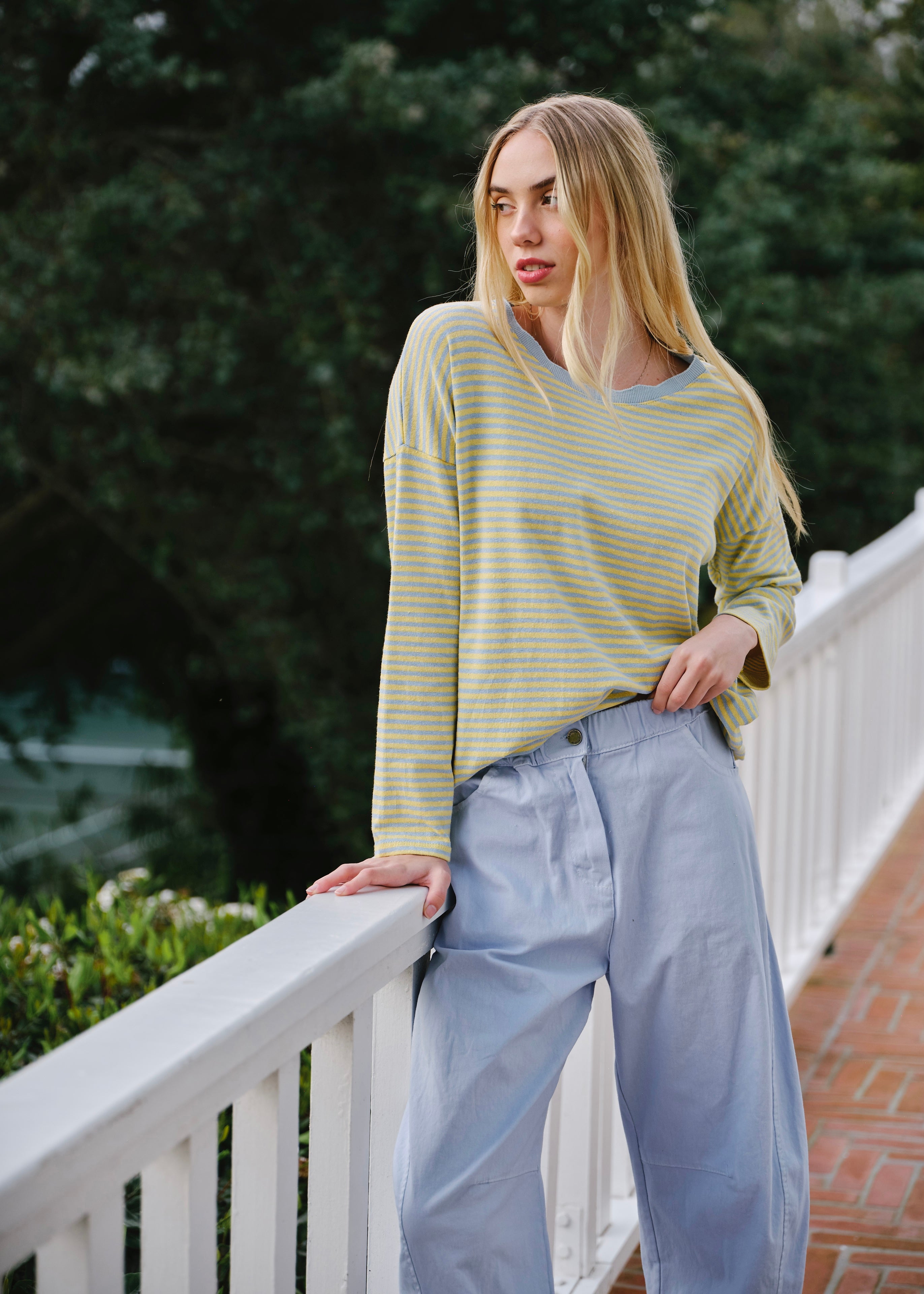 Bologna Italian Crew Neck Long Sleeved Striped Cotton Tee In Yellow And Blue