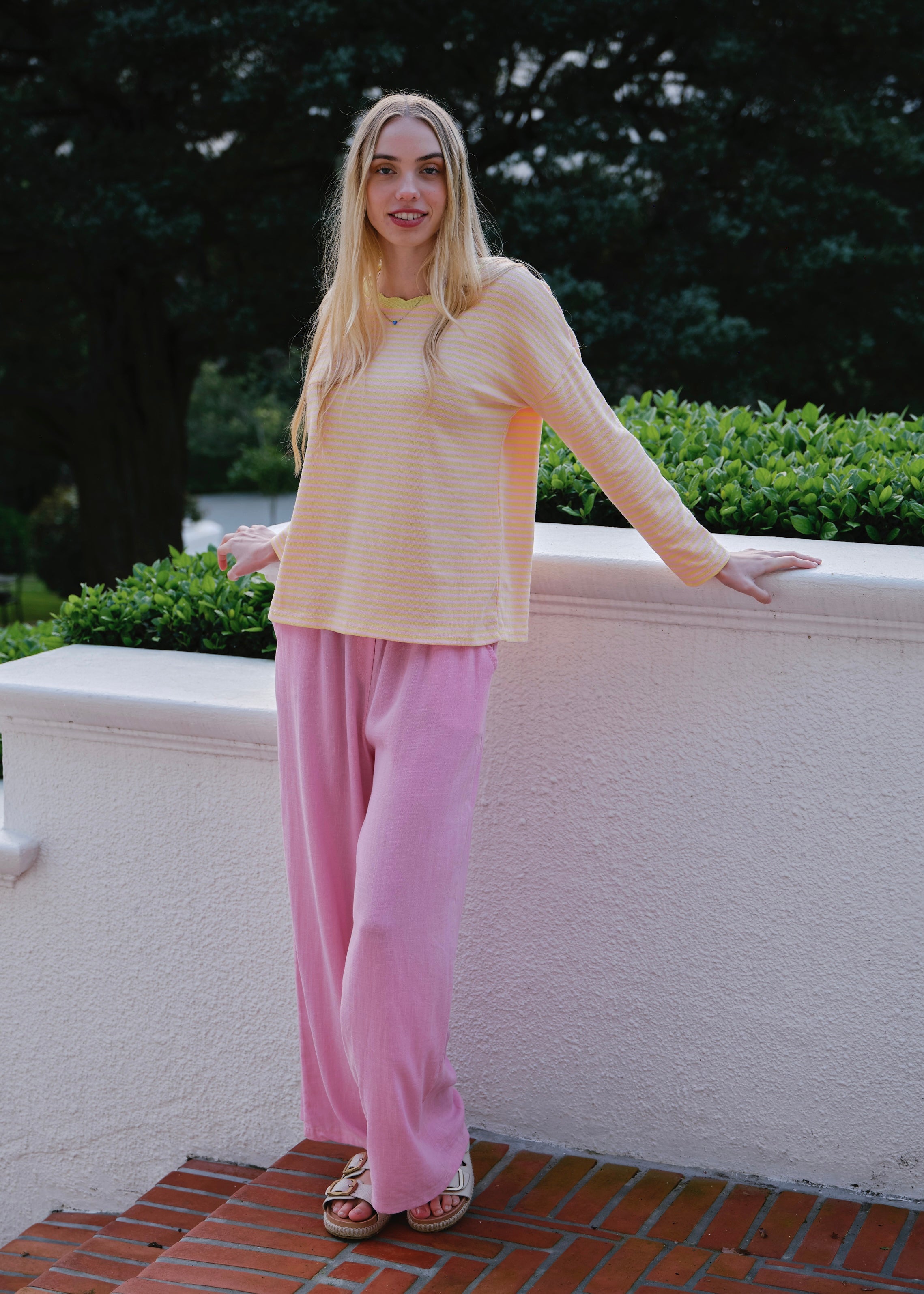 Bologna Italian Crew Neck Long Sleeved Striped Cotton Tee In Yellow And Pink
