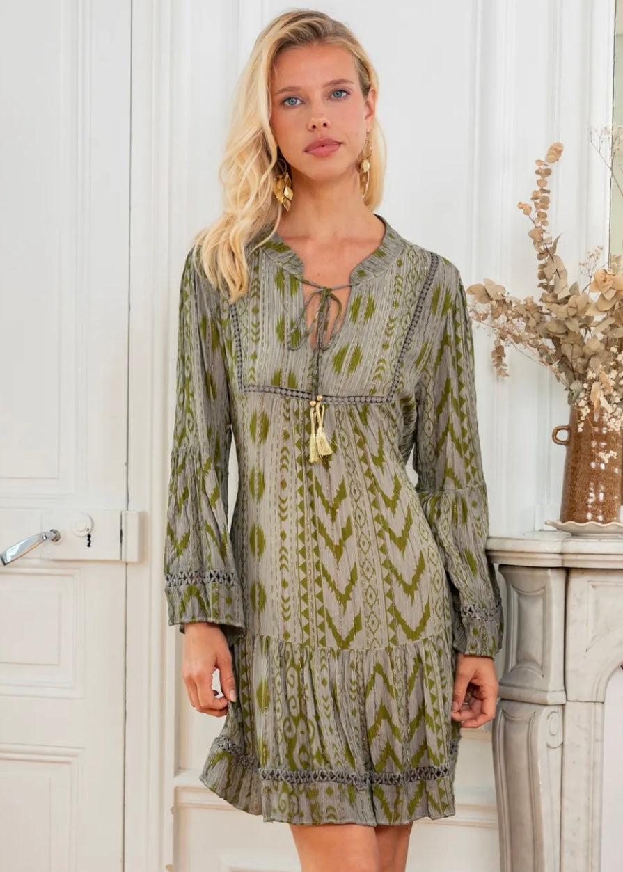 Phoebe Short Bohemian Dress with Tassels in Dark Green
