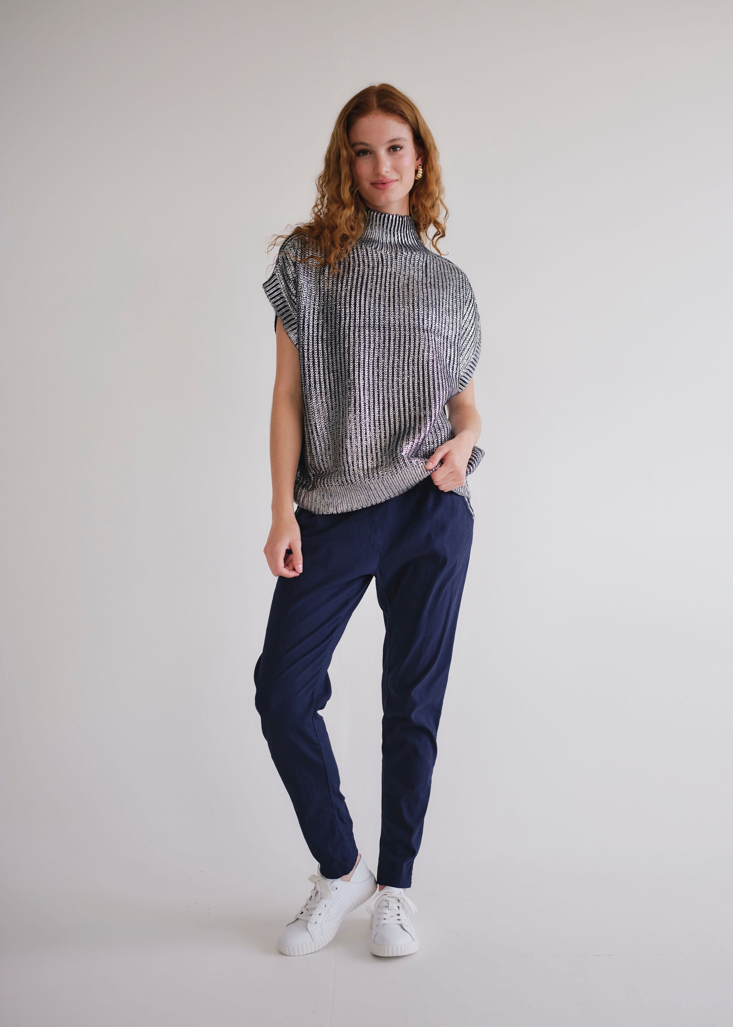 Italian Jogger With Silver Lining In Marine Blue