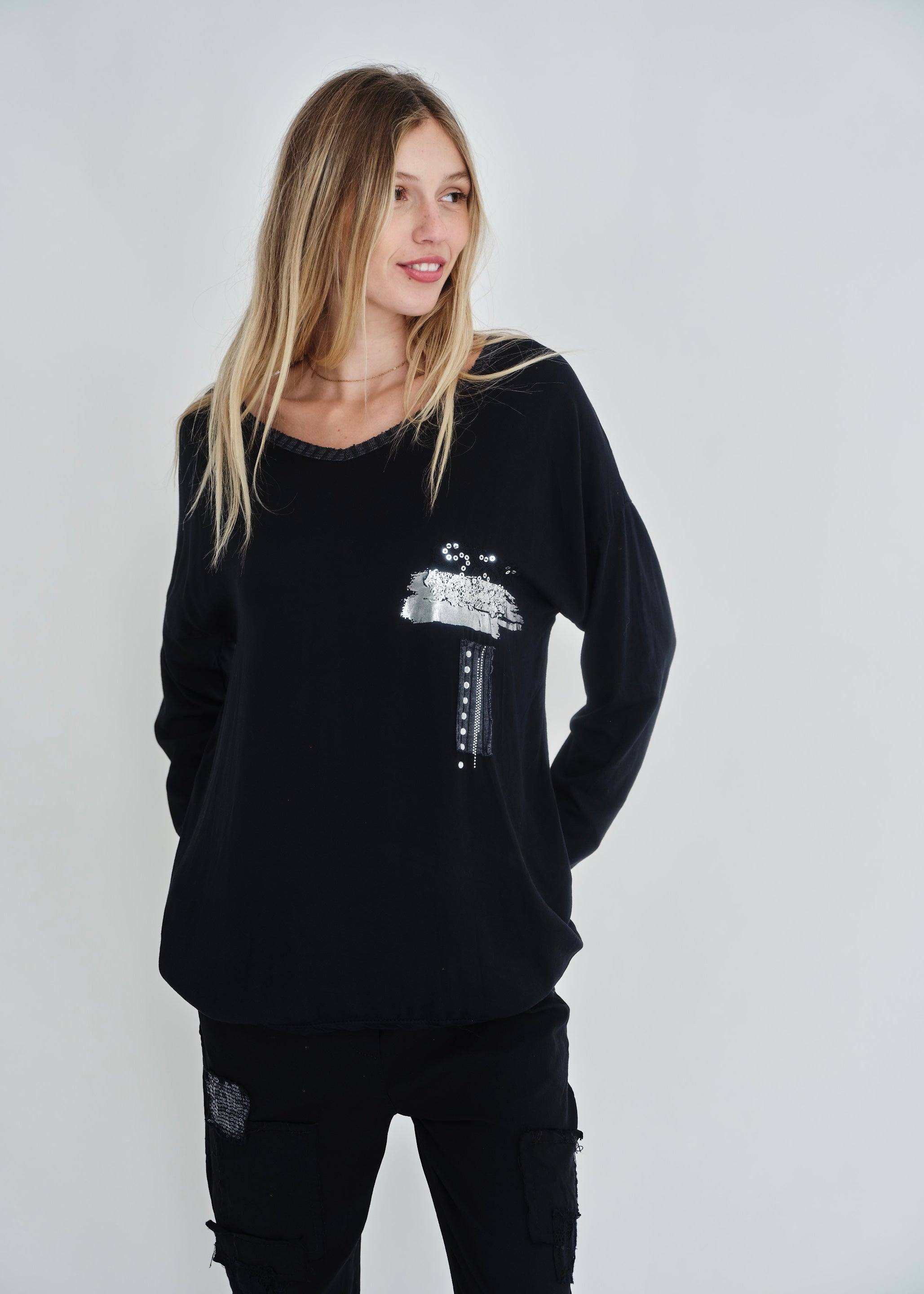 Silver-Sequin V-neck In Black