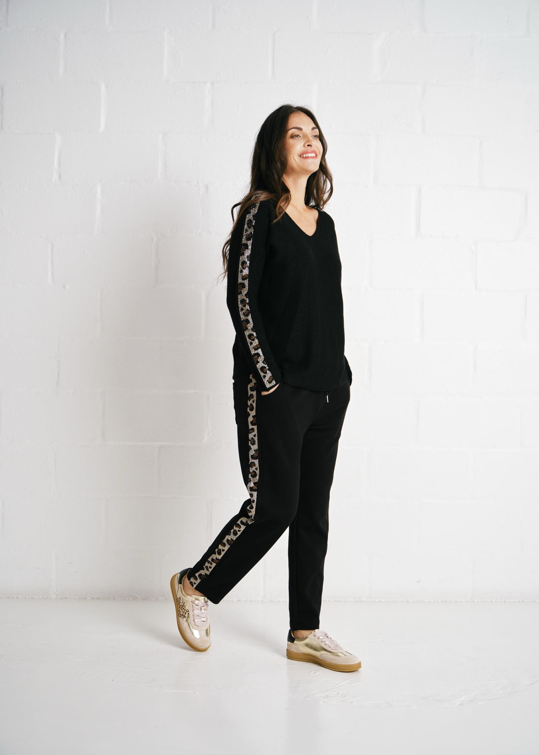 V Neck Knit, Diamanté Sleeve Edge In Black