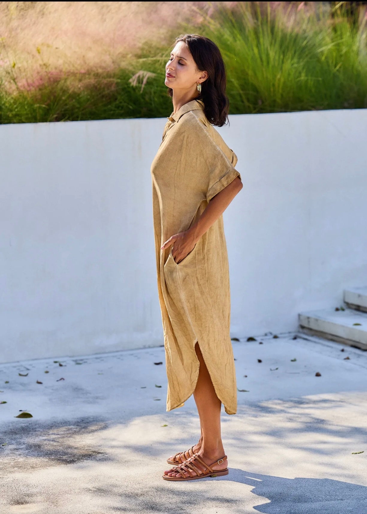 Linen Blend Bohemian Dress in Stonewashed Caramel