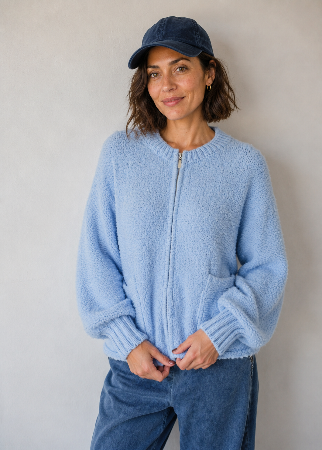 Laguna Chunky Zip Bomber Knit In Sky Blue