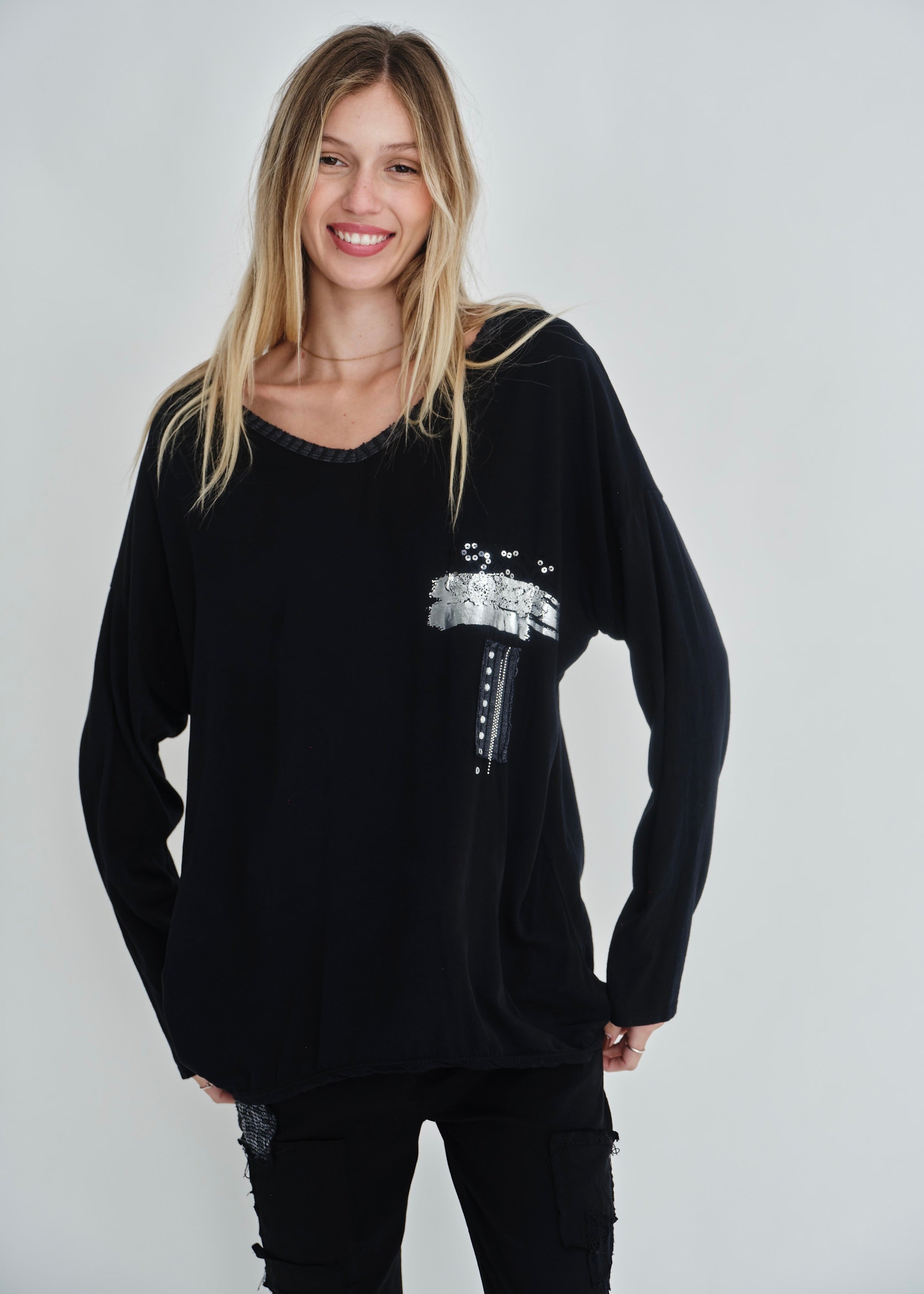 Silver-Sequin V-neck In Black