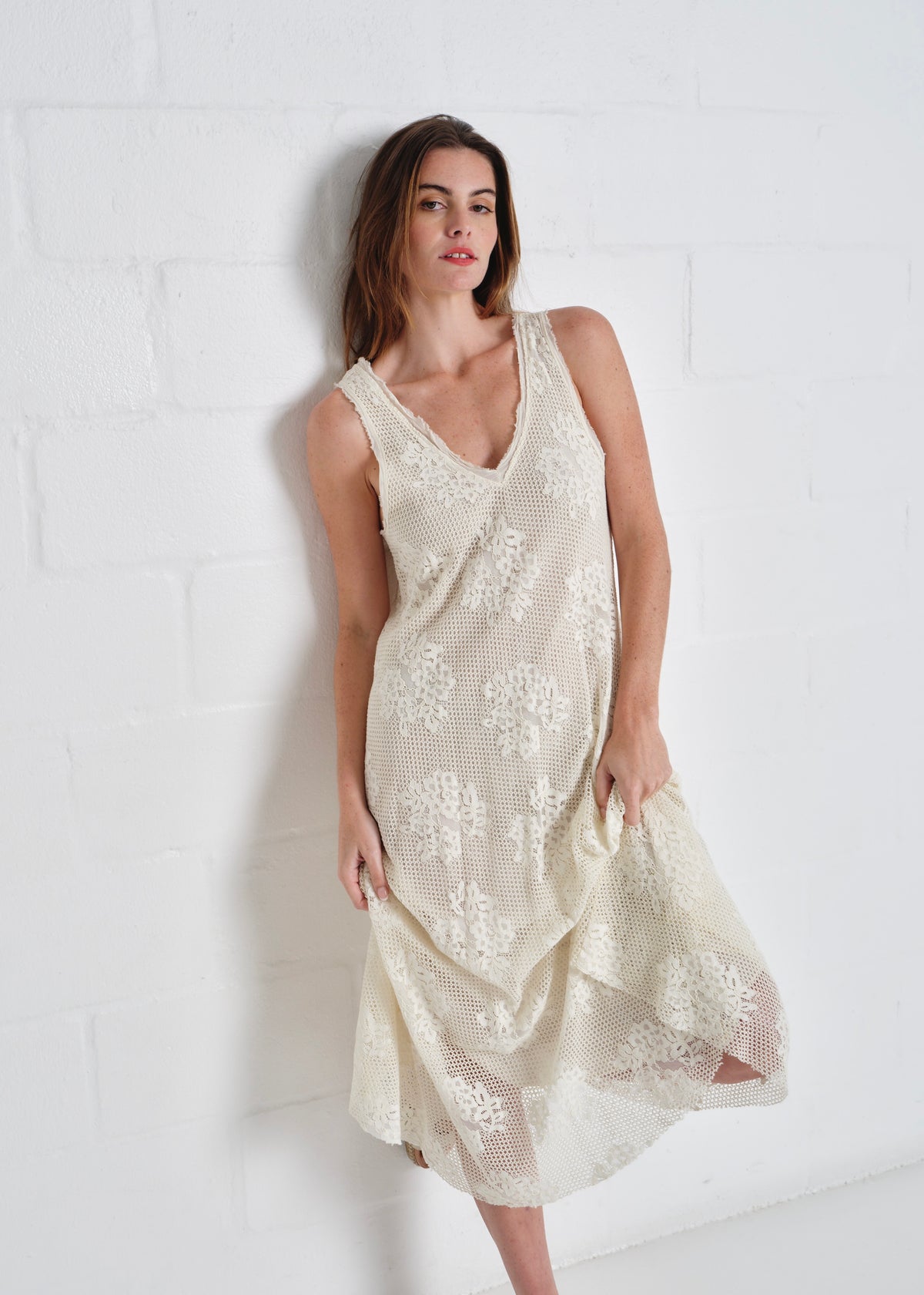 Antigua Crochet Maxi V neck Dress In Cream