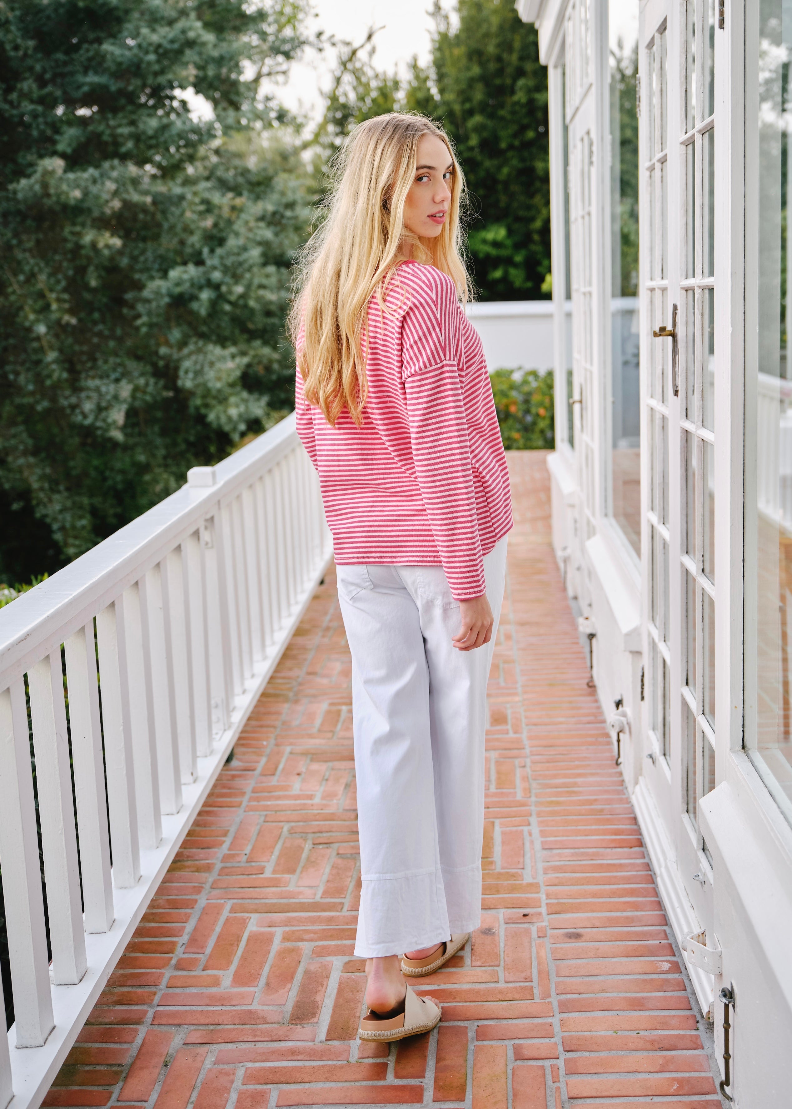 Bologna Italian Crew Neck Long Sleeved Striped Cotton Tee In Rose