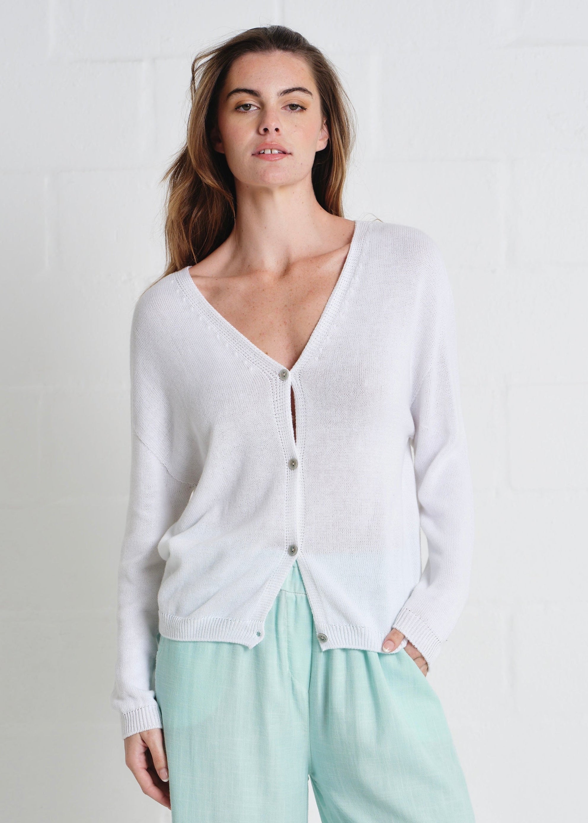 Jeanne Cotton Button Cardigan In White