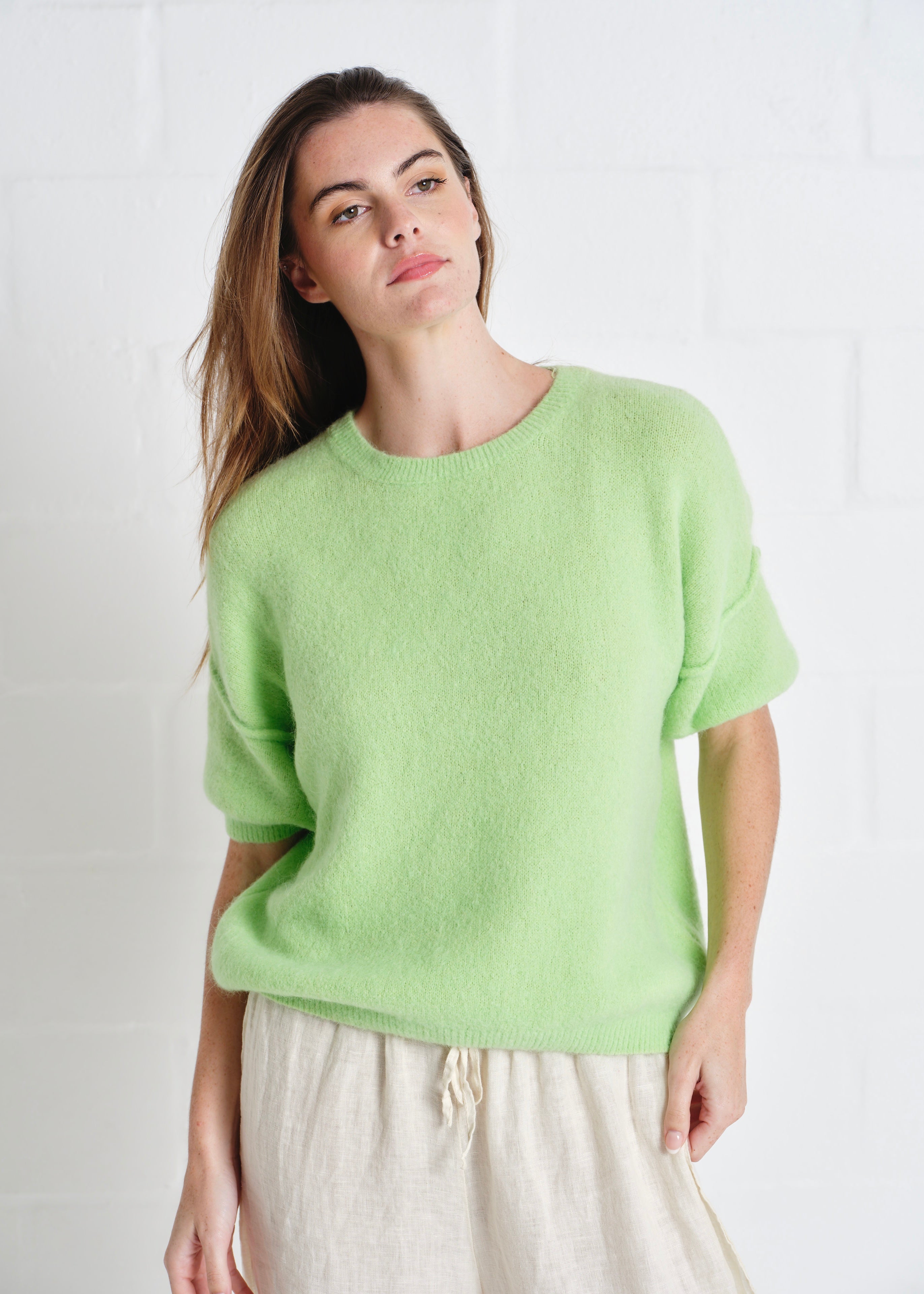 Dolly SS Round Neck Knit In Lime Green