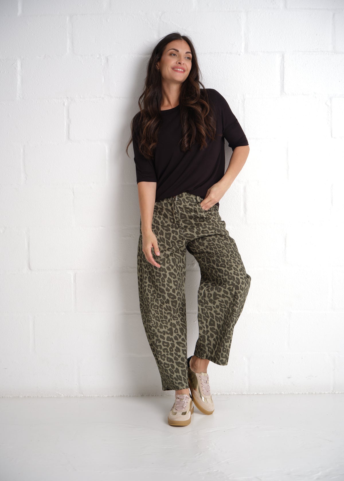 Kruger Leopard Print Wide Leg Pants In Khaki