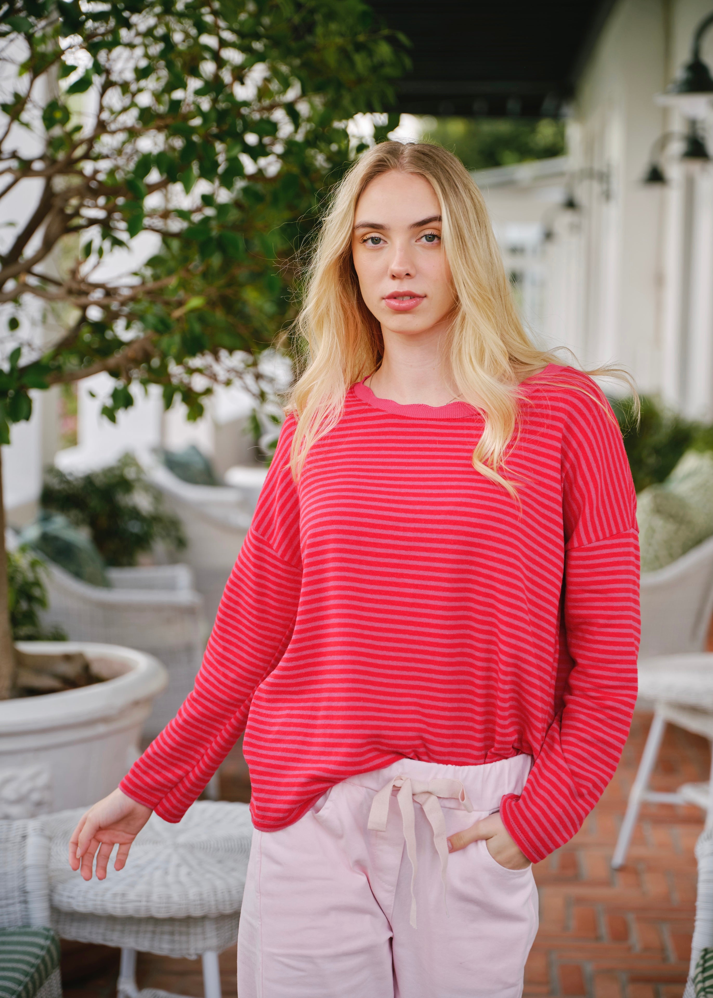 Bologna Italian Crew Neck Long Sleeved Striped Cotton Tee In Red