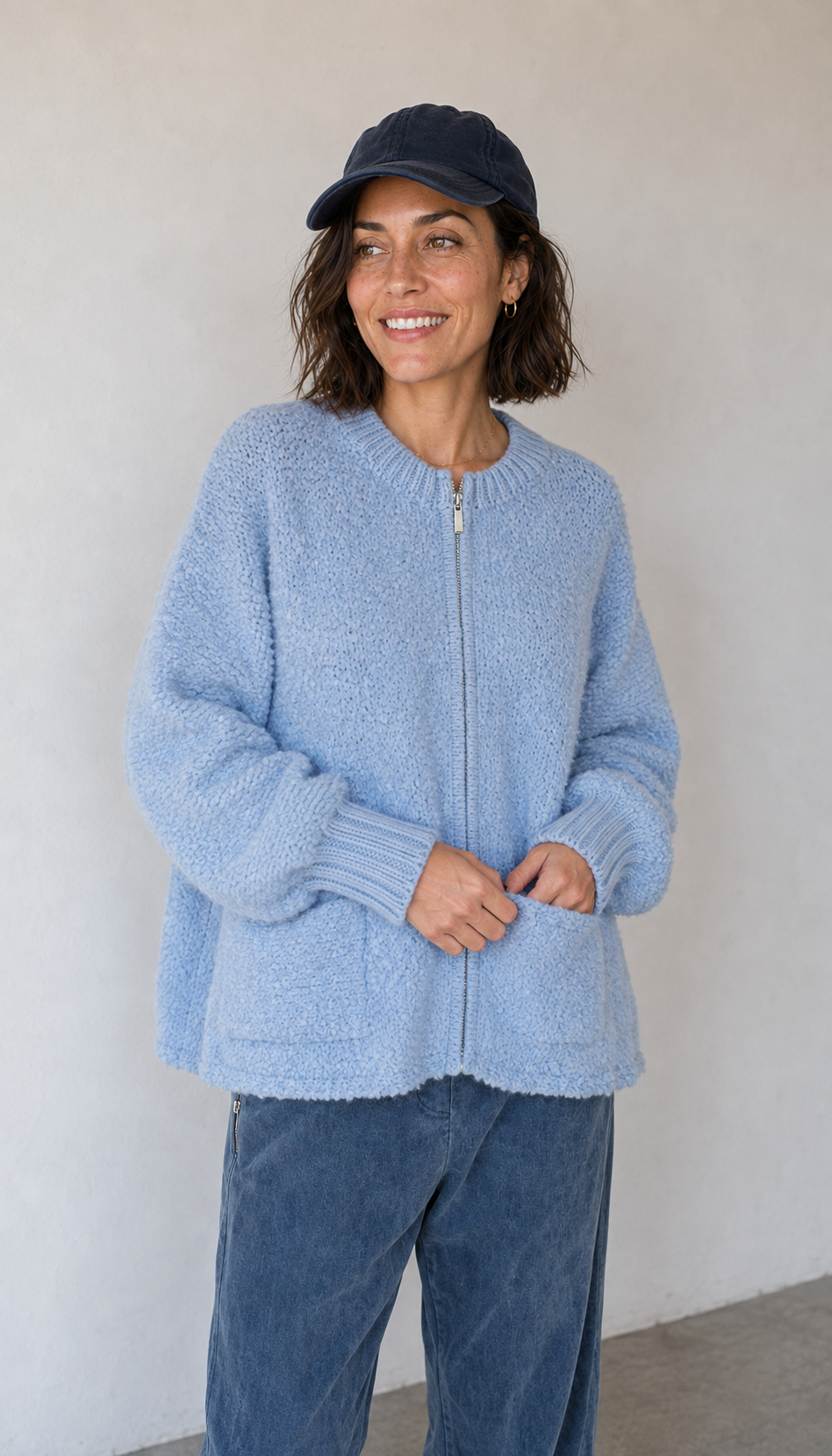 Laguna Chunky Zip Bomber Knit In Sky Blue