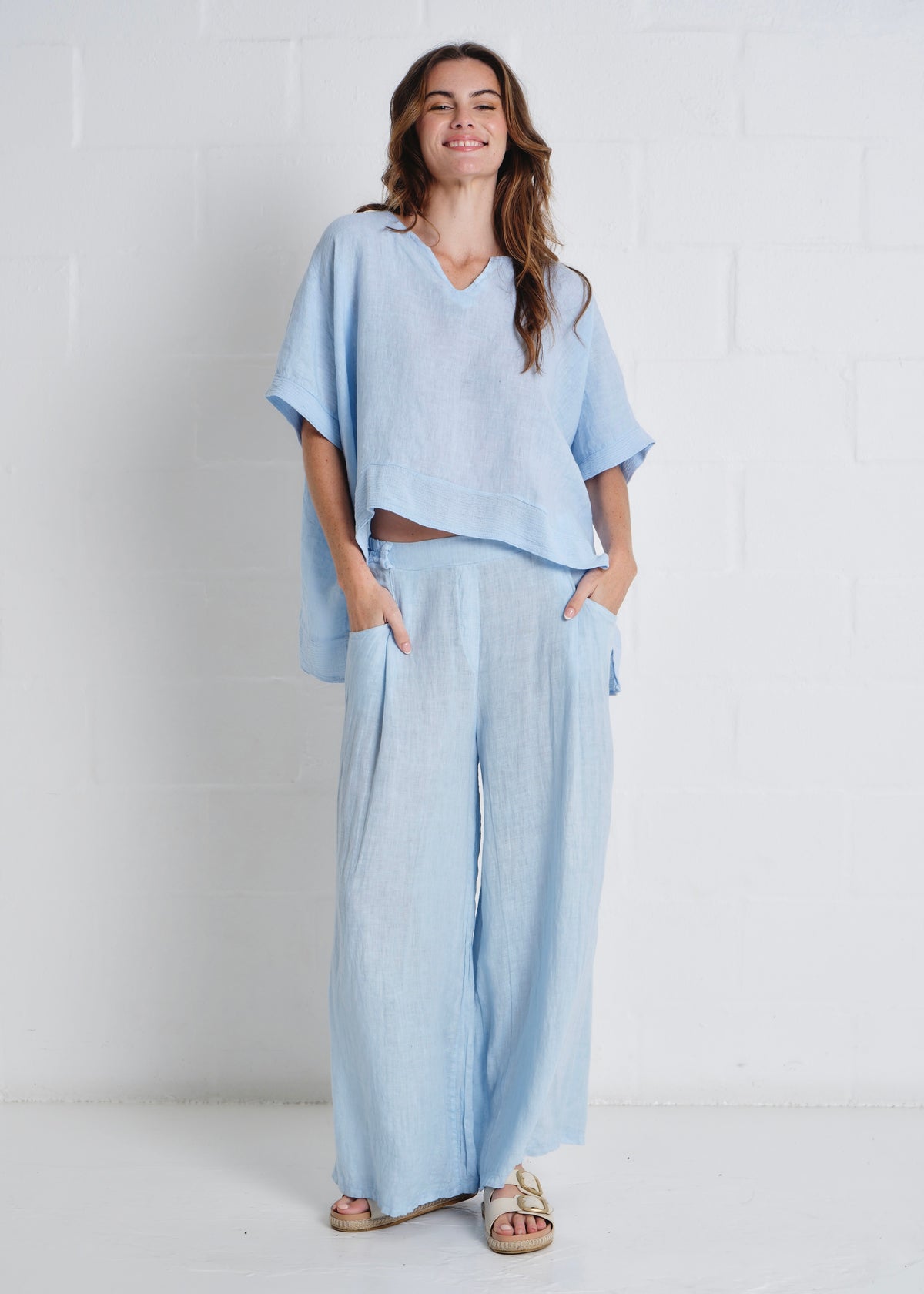 Havana Palazzo Pants With Pockets In Sky Blue