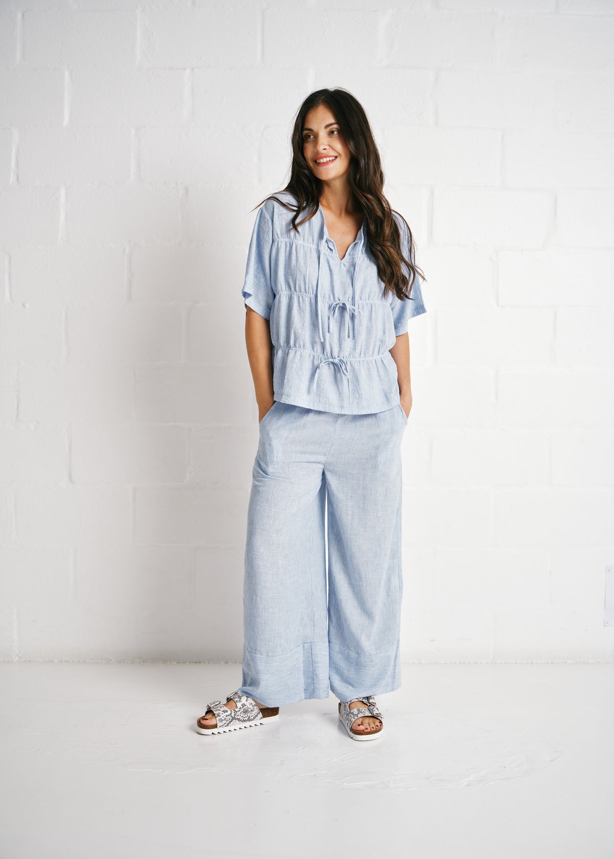 Tiered Tie-Front Linen Blend Top In Baby Blue