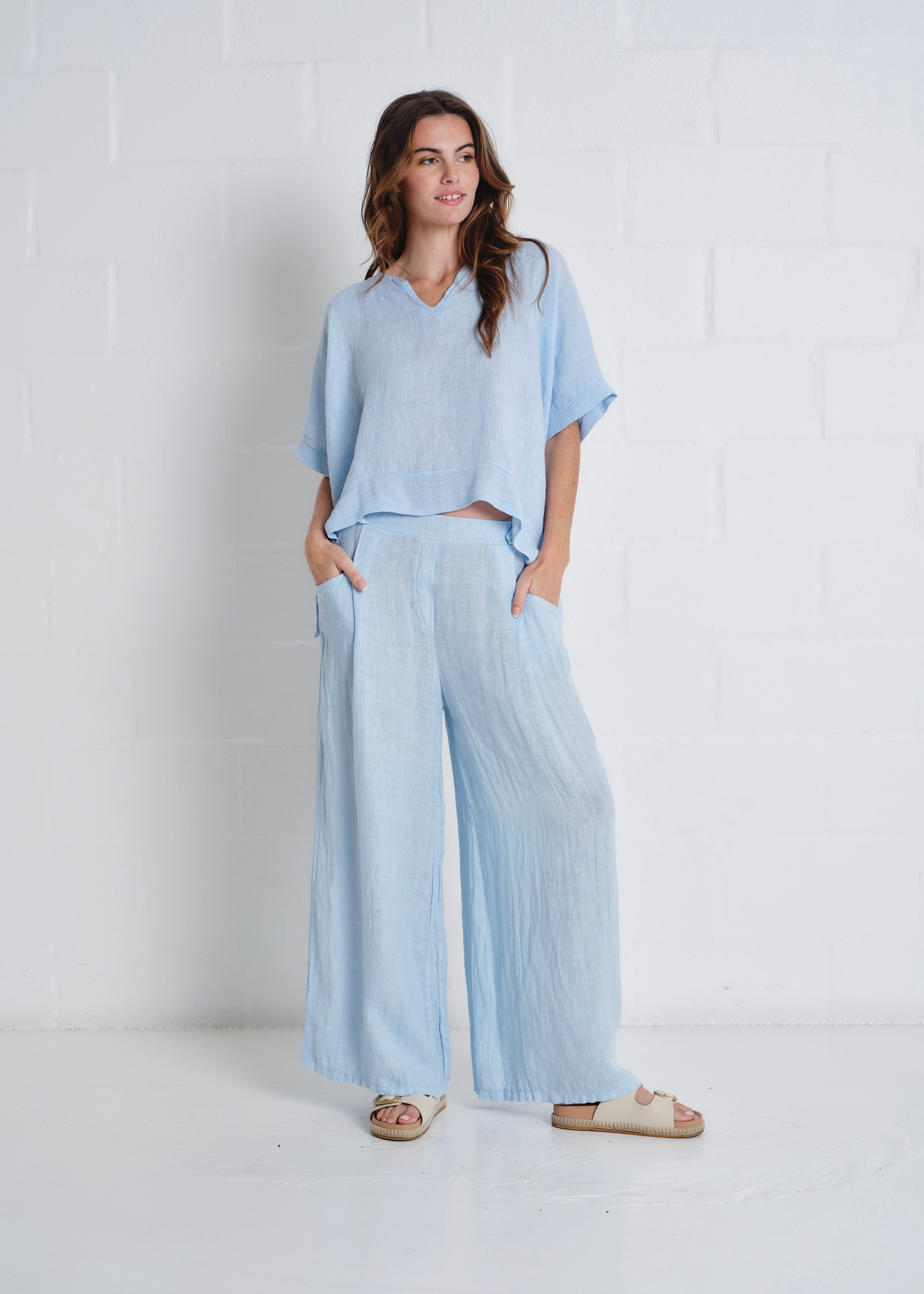 Havana Palazzo Pants With Pockets In Sky Blue