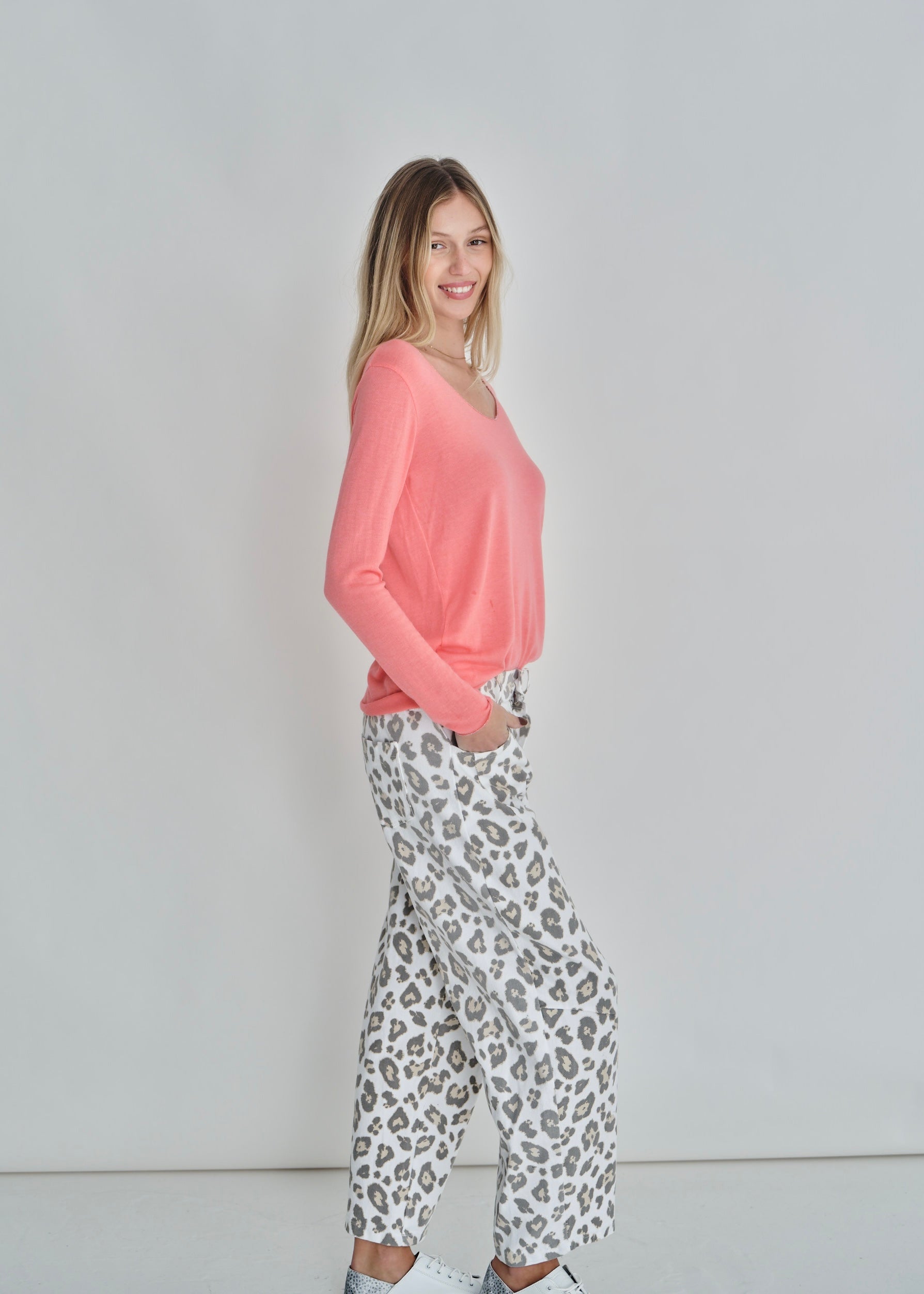 Italian Shimmer Edged V Neck Knit In Coral