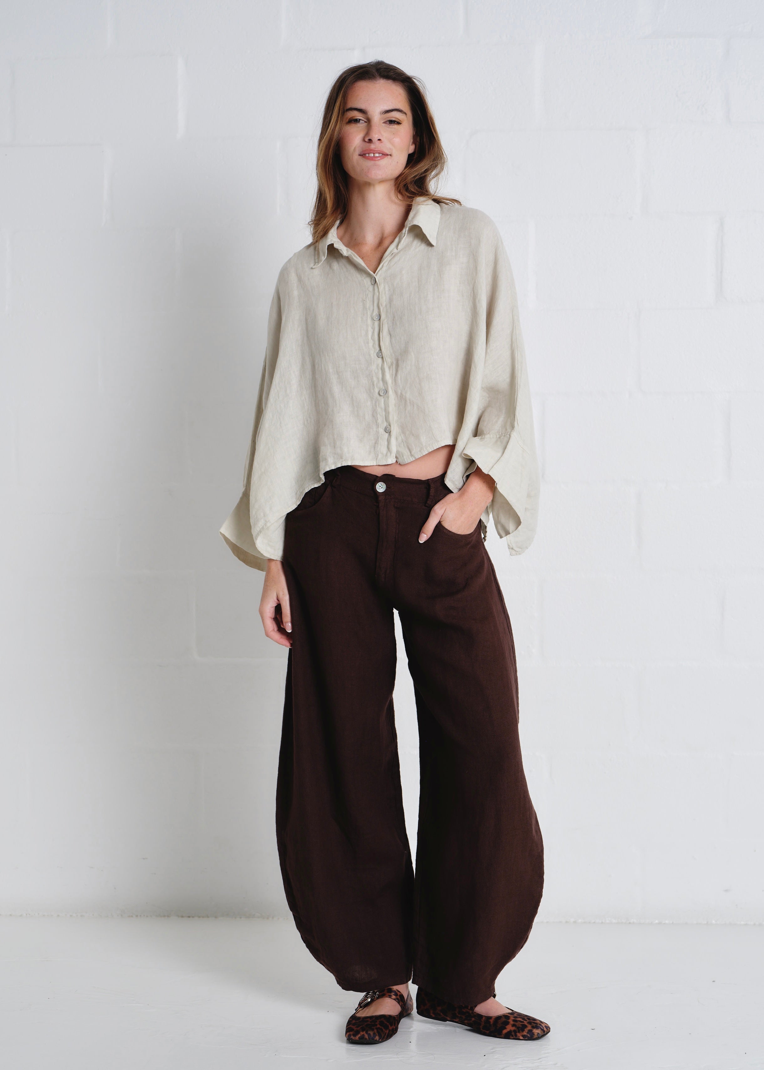 Lucca Italian Linen Batwing Shirt in Beige
